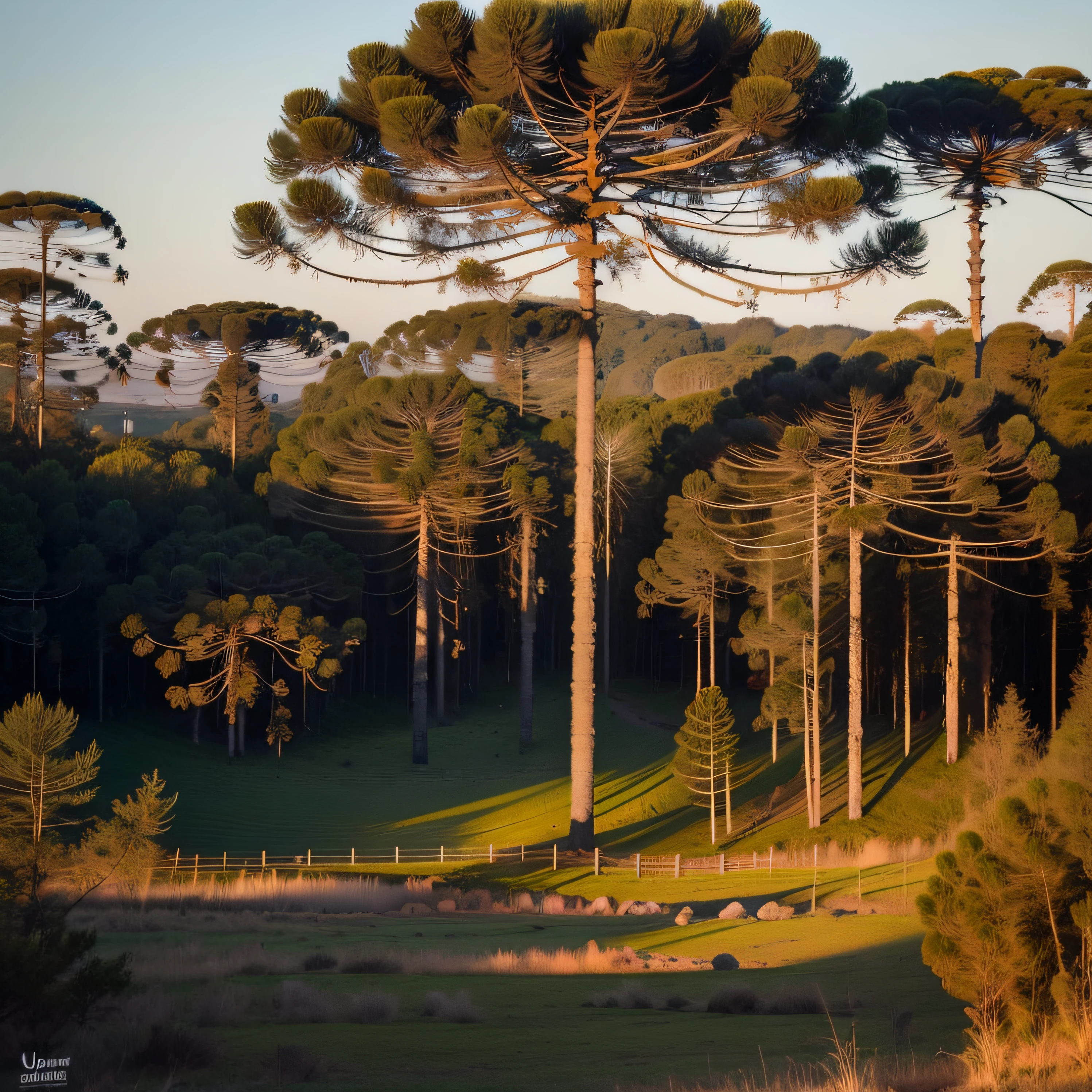 floresta de araucaria em um campo, luz perfeita, ultrarealista