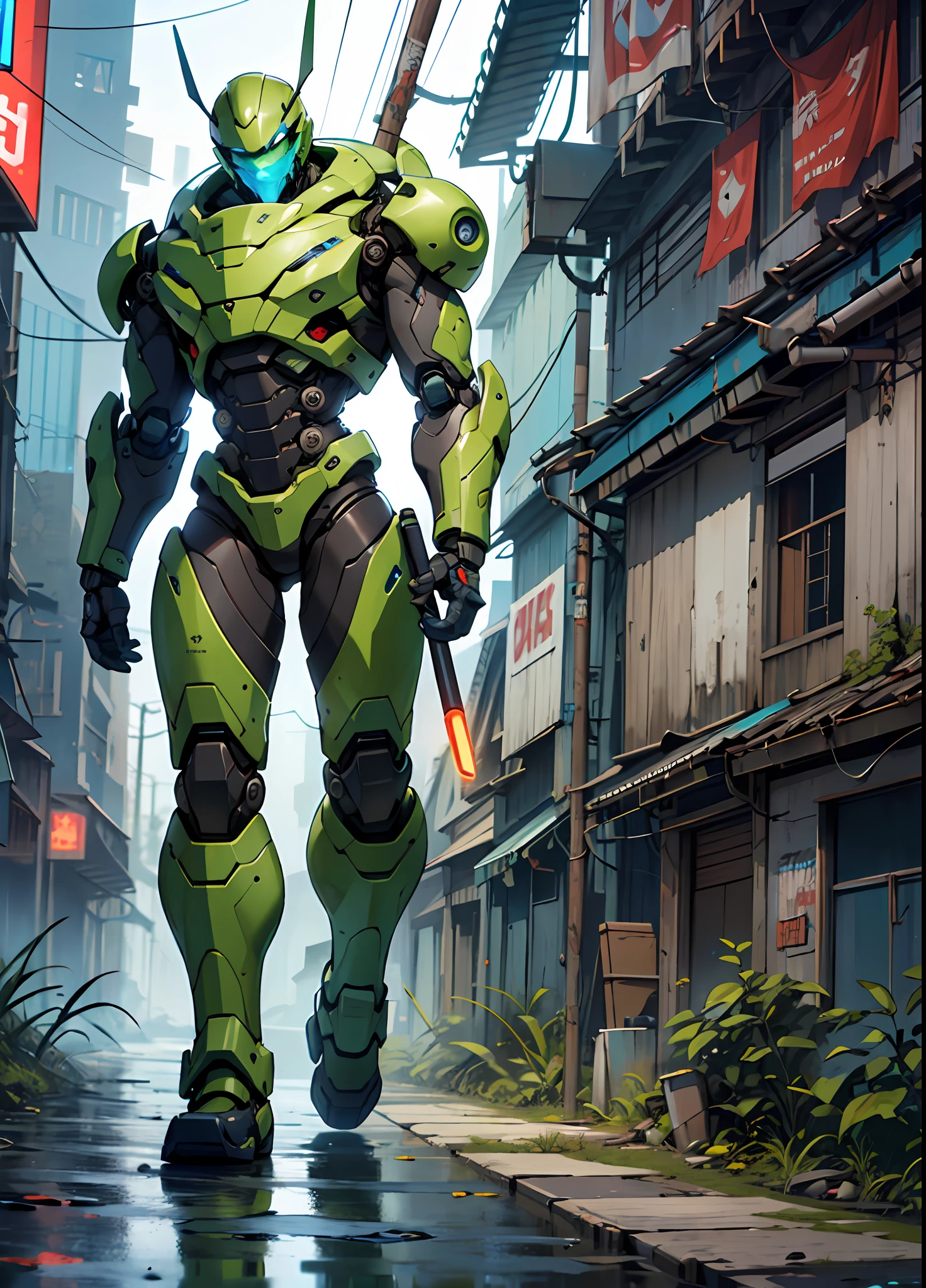 Roboto, brasileiro, enferrujado, abandonado, cavaleiro,bem detalhado, Transformadores,4k, usando as cores branco amarelo azul verde, Realistic legs and feet, Add an electric stick, Put in some corrosion,in a dystopian future