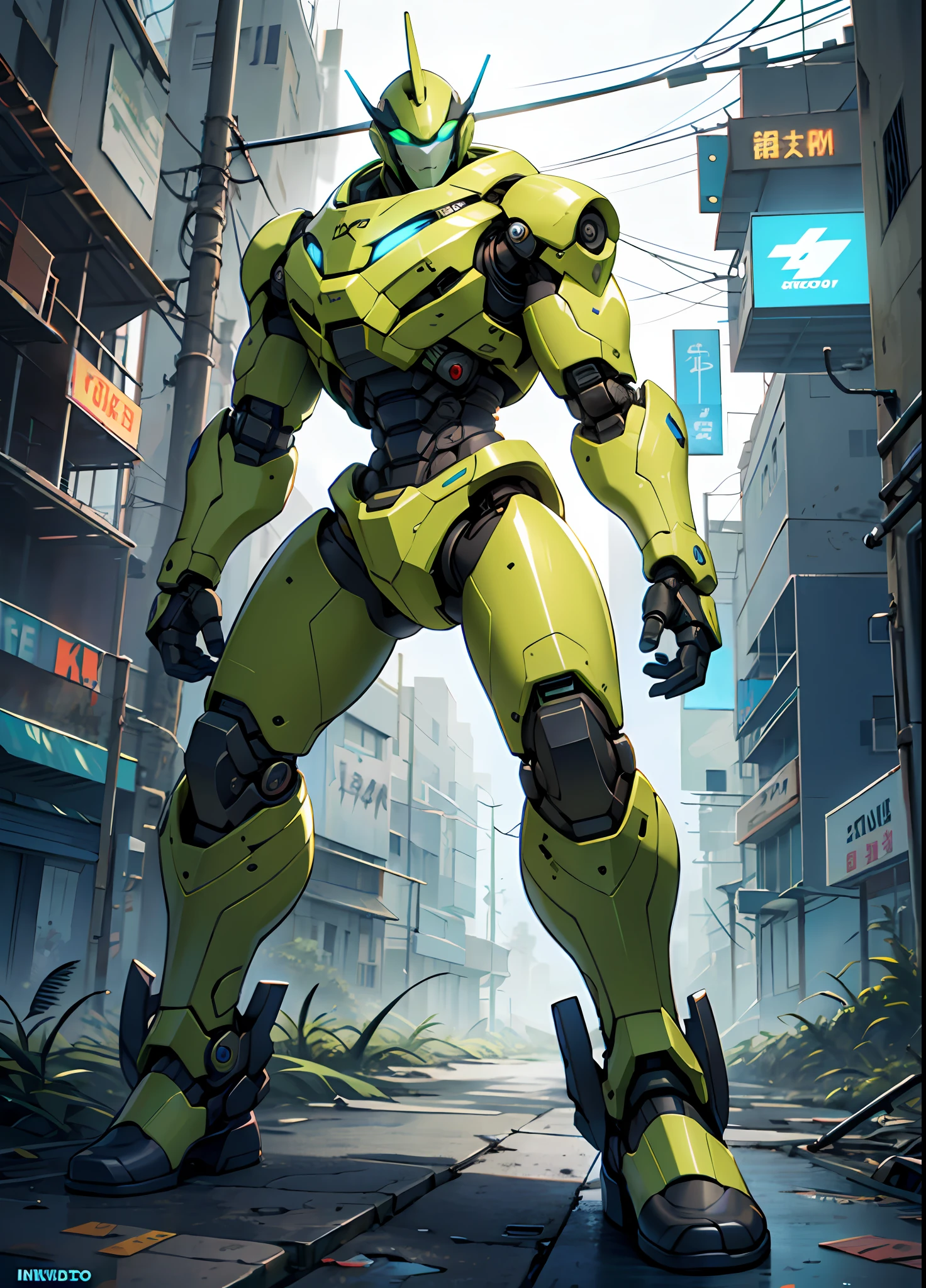 Roboto, brasileiro, enferrujado, abandonado, cavaleiro,bem detalhado, Transformadores,4k, usando as cores branco amarelo azul verde, Realistic legs and feet, Add an electric stick, Put in some corrosion,in a dystopian future