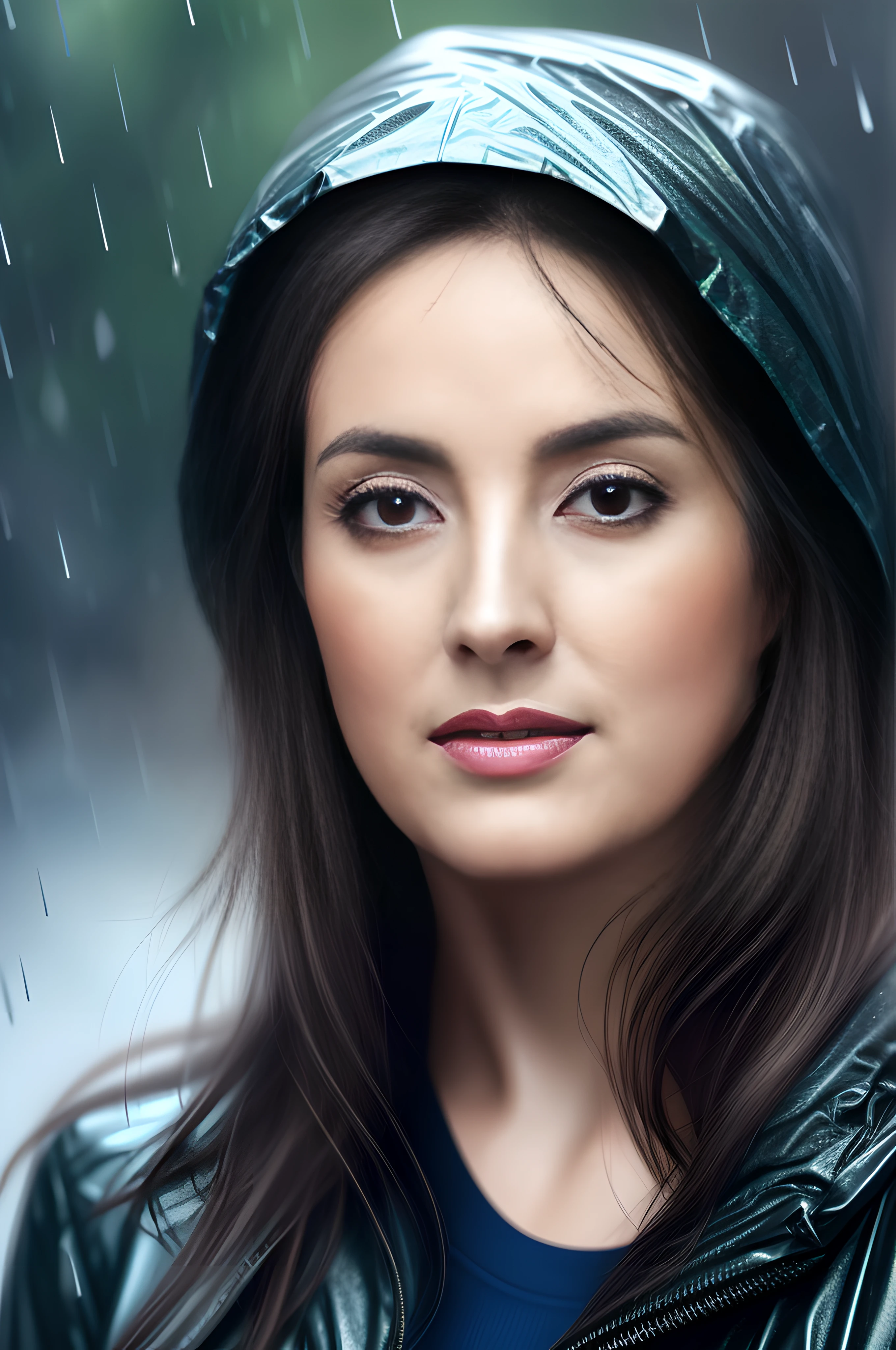 here is a woman that is looking at the camera in the rain, cinematic realistic portrait, ultra realistic digital painting, ultra-realistic digital art, soft portrait shot 8 k, rain drops on face, ultra realistic digital art, hyperrealistic digital painting, hyper realistic digital painting, hyperrealistic digital art, ultrarealistic digital art, beautiful photorealistic imagery, hyper realistic digital art