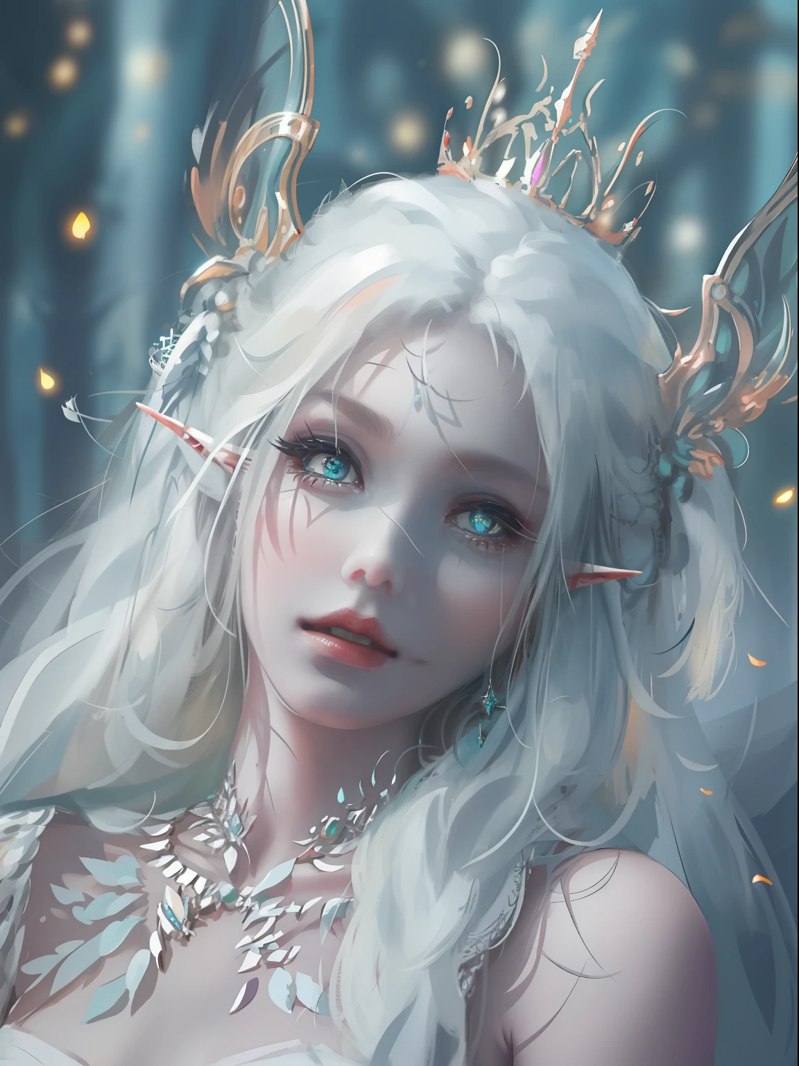 Harley Quinn 1 woman with a crown, Beautiful and elegant elf princess, Guviz, Fantasy art style, 8K high quality detailed art, Seductive elf princess, digital fantasy art , beautiful elven princess, beautiful and elegant female elf,（Perfect full-body portrait，tilt of the head，BREAK BREAK BREAK,），（WLOP painter style，glitters，Blue sparkling eyeshadow）， (long  white hair，White-colored skin，Elf Girl，The skin is translucent white，sparkle in eyes，The elves were dressed in pure white)，beautiful  face，（Lonely pale face），facing to audience，Particle，Glow，Guviz-style artwork, Phlegm phlegm art，（Volumetriclighting），atmosphric perspective，dust particle，Axis，（big breasts and big breasts_Foxy：0.7），m_Phlegm sputum, phlegm，（big breasts and big breasts_landscape：0.7）