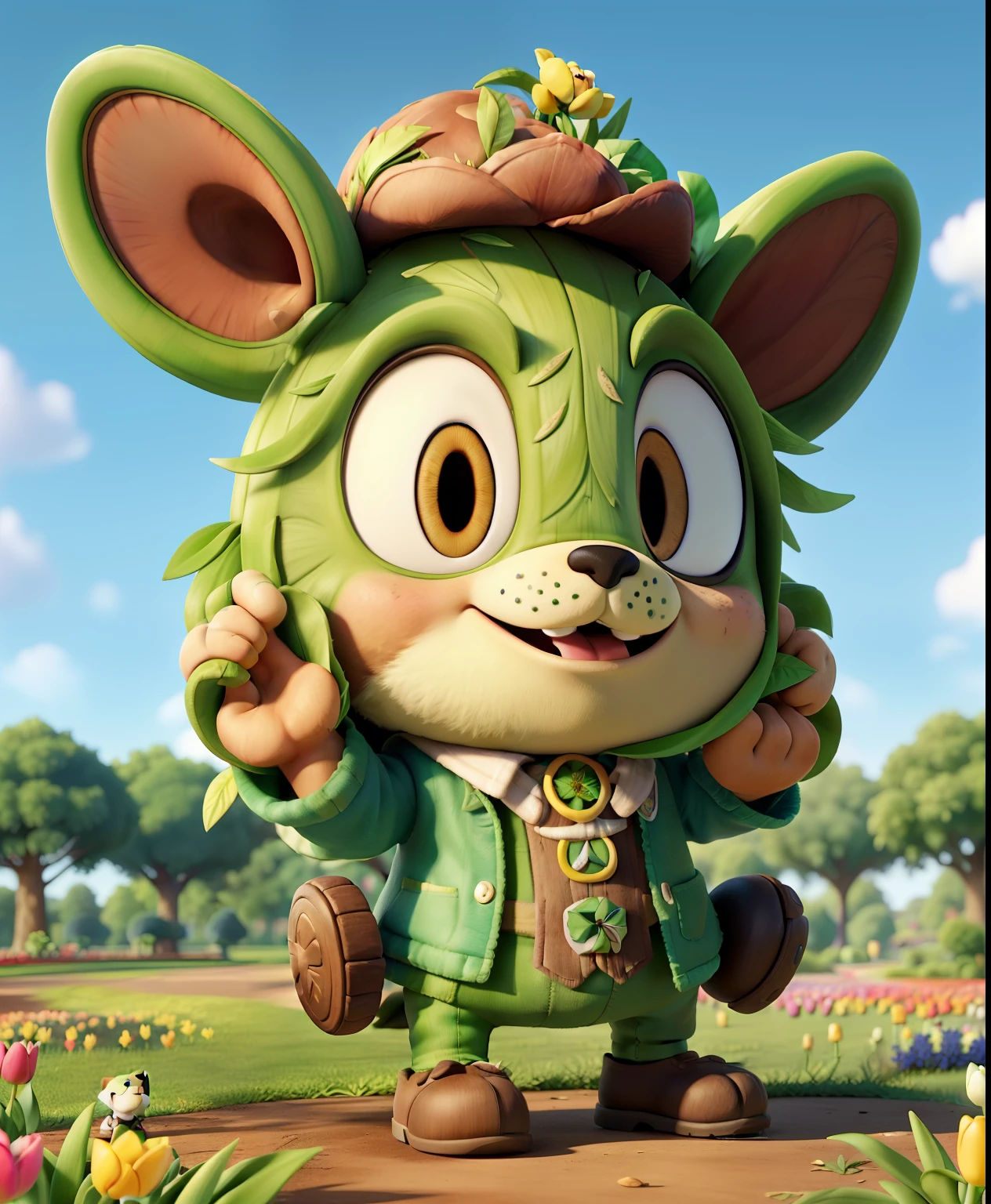 (Cute puppy:1.2), ssmile, Bushy smooth coat、personification, Mushroom cap on the head, rendered:(charicature:1.3,Production Movie, the pose:(Lively:1.2, amusing), modeled:(ultra-quality:1.2,8K,Orthographic view),tulips, blue-sky, for the background(A park full of greenery:1.1),{Complex and ultra-detailed, Giuseppe Arcimboldo}