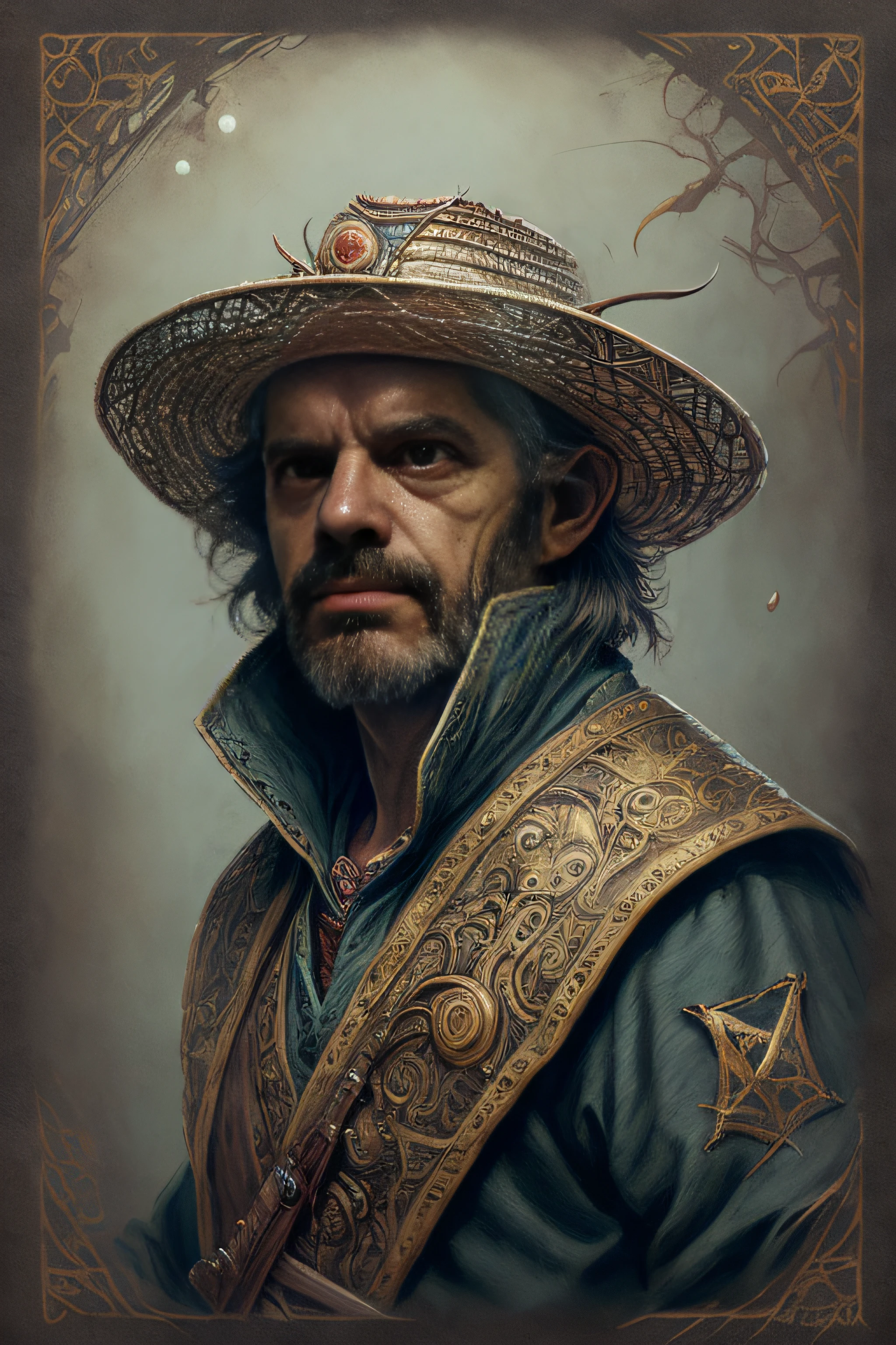 (((hombre))), (((sombrero))), High angle detailed ((Dnd Druida Retrato)), continuado, a high definition, (aceites: 1.1), (comic art style: 1.5), (Contorno de tinta: 1.3), despampanante, gente, retrato, ((( perfil))), angular features, (Cabello bob degradado gris oscuro), (Color natural suave: 1.3) estilo de pintura por Jean Baptiste Monge