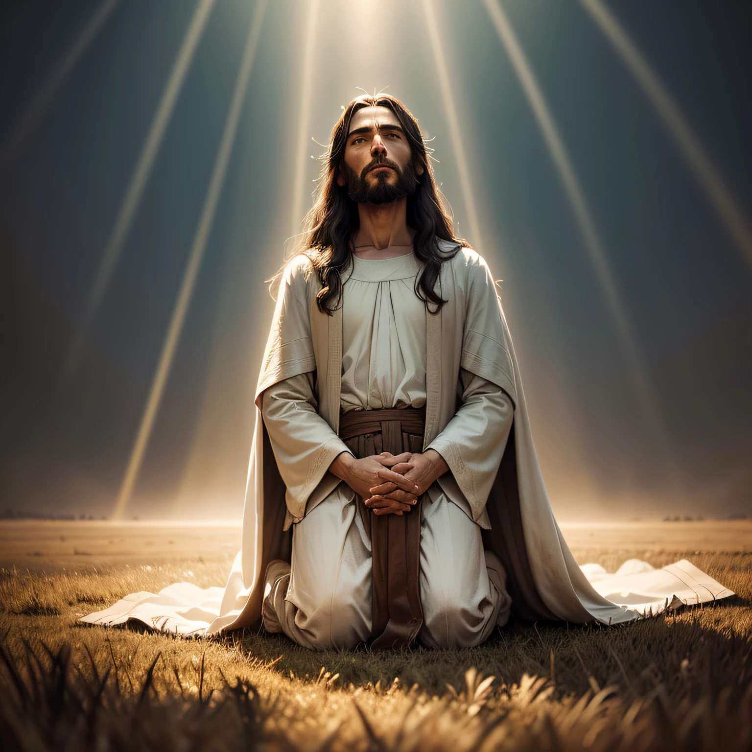 Jesus aged at least 30 years kneeling in an open field, looking up at the sky as rays of divine light descend upon him, conveying God's presence on his journey with clothing, features and settings from the biblical era, with detailed face --auto