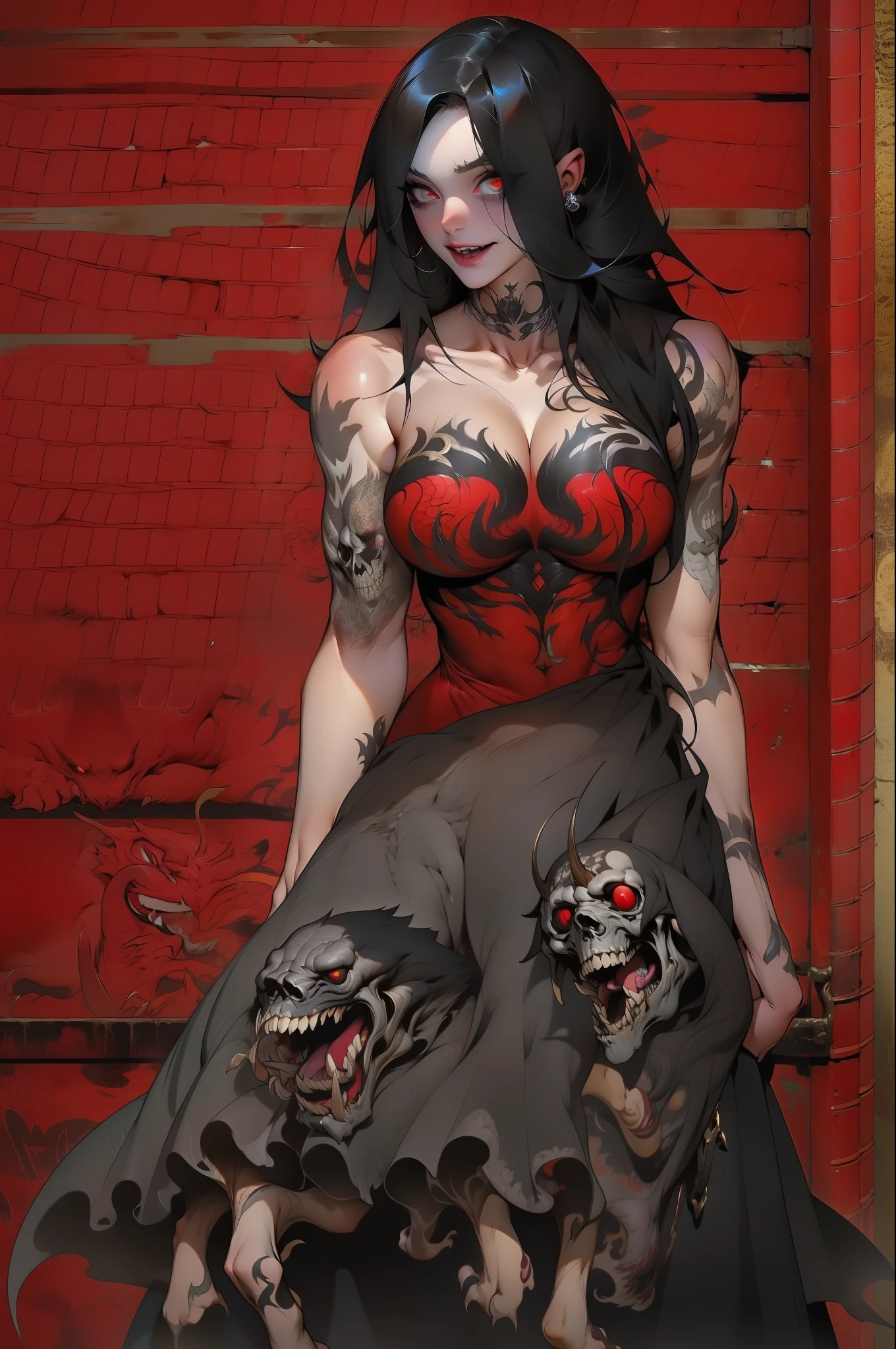 Garota vampiro, caninos compridos, roupa vermelha, sorriso malicioso, cabelo longo preto, Short strapless dress, mostrando grande parte dos seio grandes, decote generoso, Bare arms with horror tattoos, pose sensual, morcegos voando em volta, Gothic visual, rosto lindo, corpo perfeito