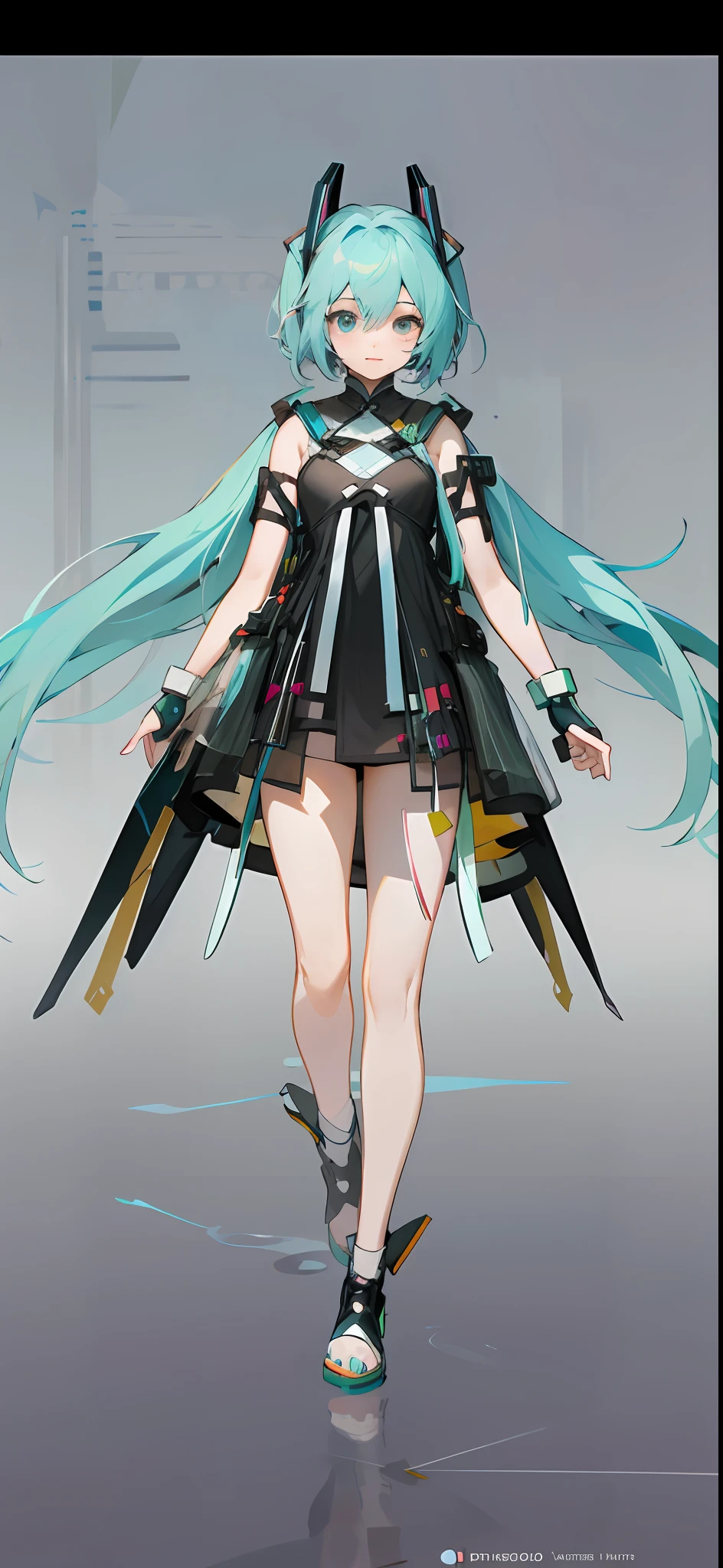 Anime characters with long hair and blue hair walking in black dresses, Os amigos, Hatsune Miku, From Arknights, vocaloid, mikudayo, clothing design, Hatsune Miku short hair, clear outfit design, made with anime painter studio, Portrait of Hatsune Miku, full-body xianxia, trending on artstation pixiv