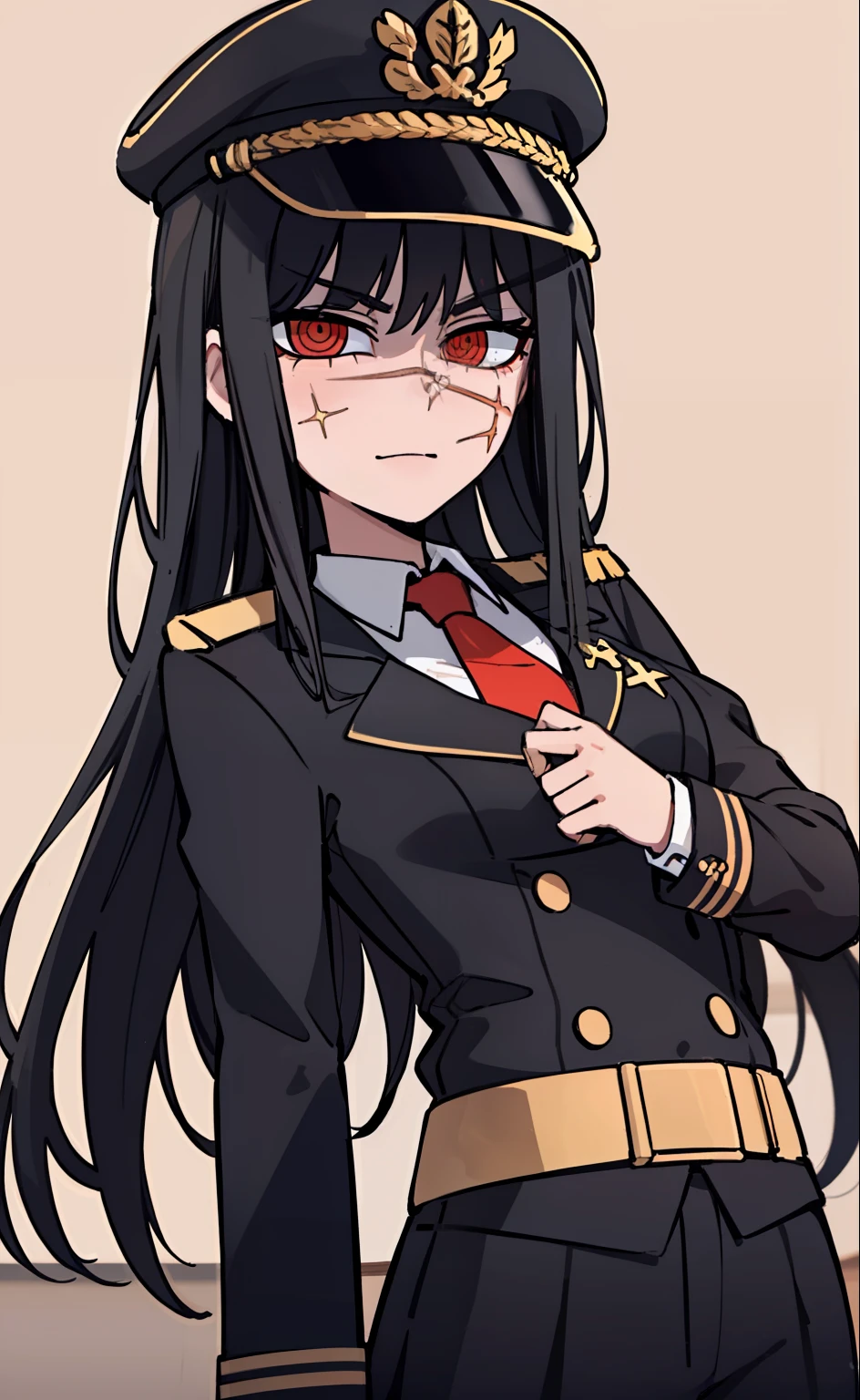 (masterpiece, best quality: 1.2), Solo, 1girl, Yoru \(Chainsaw Man\), looking at the viewer, different poses, red eye, long hair, completely black hair, reference to clothing of a German WWII general, black long sleeves (best quality), scar on face, beautiful eyes, has only 2 arms, has war medals on his clothes, Black Military Cap, Golden Eagle Medal on Clothing, (Wallpaper), (8K HD), (8K HD), Golden Shoulder Pads, Sprites, 1 Single Design (obra maestra, mejor calidad: 1.2), Solo, 1girl, Yoru \(Chainsaw Man\), mirando al espectador, sonrisa, feliz, diferentes poses, ojo rojos, cabello largo, cabello completamente negro, reference to clothing of a German general from World War II, mangas largas negras (mejor calidad), cicatriz en la cara, hermosos ojos, tiene solo 2 brazos, manos bien hechas, tiene medallas de guerra en su ropa, Gorra militar negra, Golden Eagle Medal in Dress, (fondo de pantalla), (8K HD), (8K HD), hombreras doradas, sprites, 1 single design
