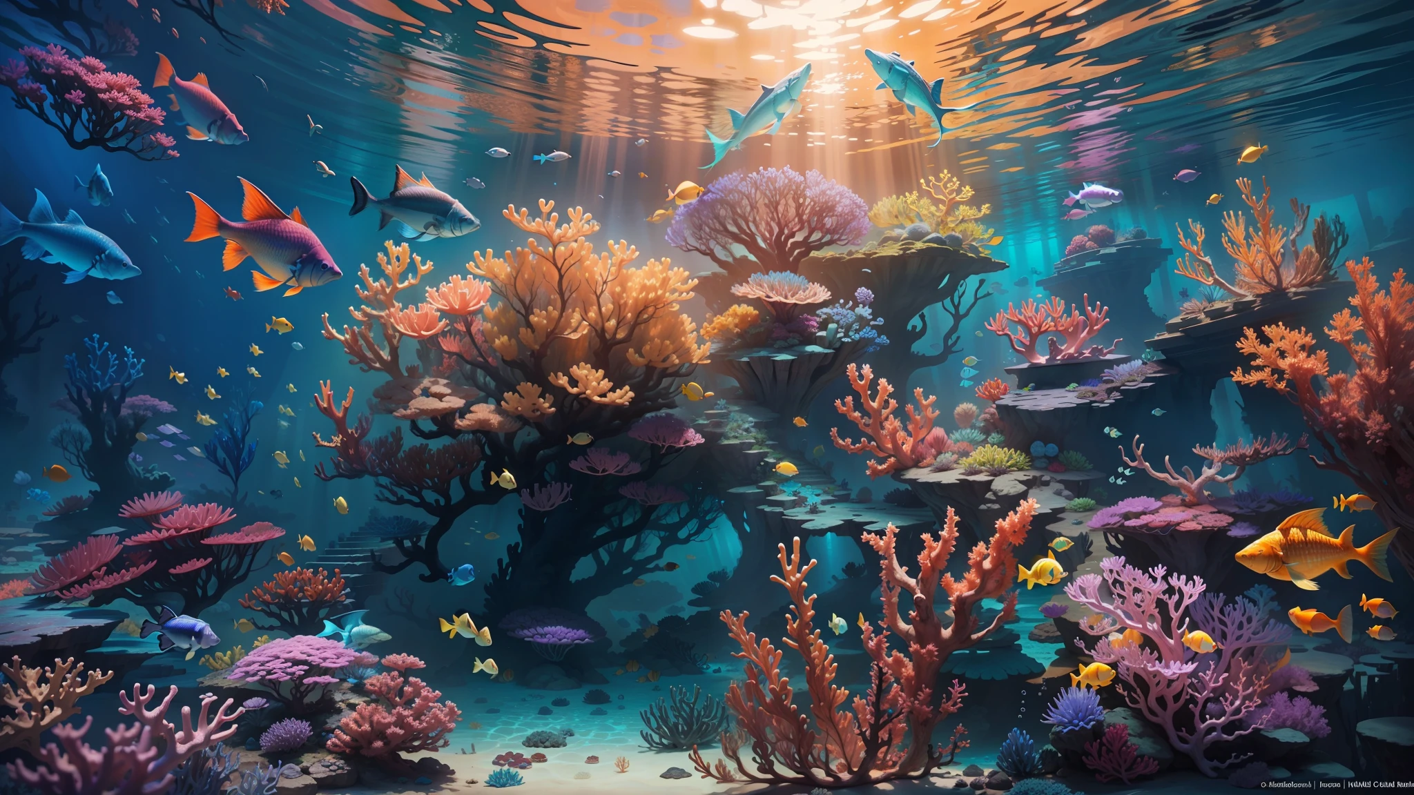 Epic underwater world photography, Full of exotic fish and coral reefs, There are no humans，The whole is blue，Colorful, 4KHD, Wallpapers, Light effects, Fantasy art