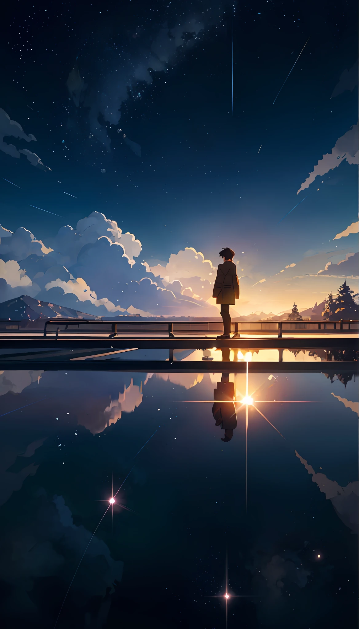 Masterpiece, anime train passing through bodies of water on tracks, bright starry sky. Romantic train, Makoto Shinkai's picture, pixiv, concept art, lofi art style, reflection. by Makoto Shinkai, lofi art, Beautiful anime scene, Anime landscape, detailed scenery —width 672, in style of Makoto shinkai, style of Makoto shinkai, enhanced details.