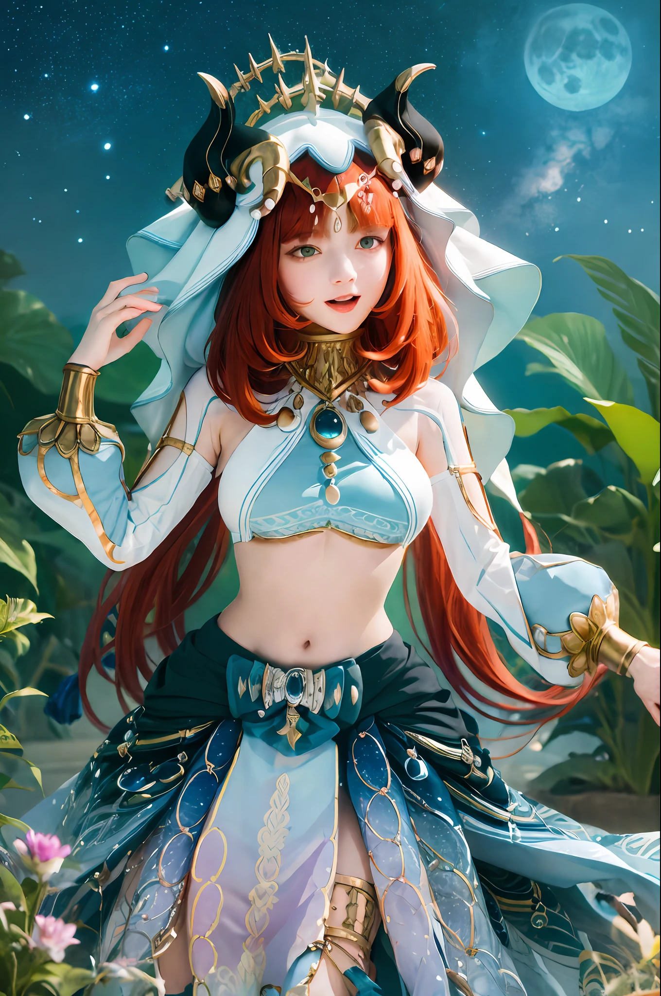 (Realistic painting style:1.1)、​masterpiece、top-quality、absurderes、nilou(Neither flowers nor mist)(GenshinImpact)、aqua eyes、nilou(GenshinImpact)、fake horns、1girl in、独奏、huge tit、red hairs、veils、a smile、a moon、length hair、croptop、jewely、banya、natta、bracers、brooches、long-sleeve、puffy long sleeves、looking at the viewers、skirt by the、bangss、Twin-tailed、Eau、puffy sleeves、Skysky、neck rings、open open mouth、 :d, fullmoon, nigh sky, florals, harem outfit, gold trim, partedbangs, Raise your arms, breastsout, circlet, plein air, a blue skirt, hair adornments, Independent sleeves, low twintails, Floating hair, Pedras preciosas, flower in hair, blue gemstone, hand up, dancers, White cap, tiny chest, stomach, Midriff, cowboy  shot, blue bow, Very long hair