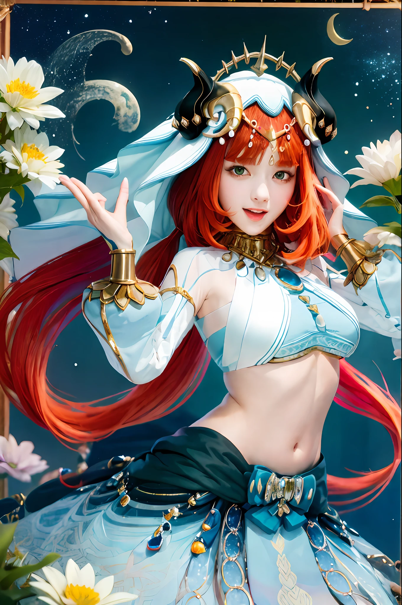 (Realistic painting style:1.1)、​masterpiece、top-quality、absurderes、nilou(Neither flowers nor mist)(GenshinImpact)、aqua eyes、nilou(GenshinImpact)、fake horns、1girl in、独奏、huge tit、red hairs、veils、a smile、a moon、length hair、croptop、jewely、banya、natta、bracers、brooches、long-sleeve、puffy long sleeves、looking at the viewers、skirt by the、bangss、Twin-tailed、Eau、puffy sleeves、Skysky、neck rings、open open mouth、 :d, fullmoon, nigh sky, florals, harem outfit, gold trim, partedbangs, Raise your arms, breastsout, circlet, plein air, a blue skirt, hair adornments, Independent sleeves, low twintails, Floating hair, Pedras preciosas, flower in hair, blue gemstone, hand up, dancers, White cap, tiny chest, stomach, Midriff, cowboy  shot, blue bow, Very long hair