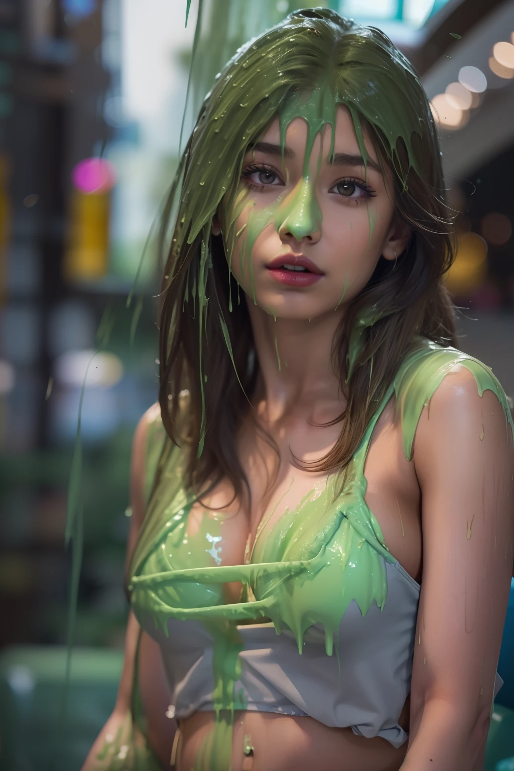 8k, HD, masterpiece, (hyper realistic: 1.3), extreme texture, hyper detailed, (25-year-old Korean model: 1.6), 1 woman, Asian woman, t-shirt and jean shorts, (cleavage: 1.3), (medium breasts: 1.1), (thick eyeliner, long eyelashes:1.2), red lipstick, layered hair, city streets daytime, portrait photography, f/2.5, lens flairs, waste up, perfect body, beautiful face, delicate eyes, perfect lighting, photo realism, (chunky slime drips down head: 1.5), (thick slime drips down body: 1.3)