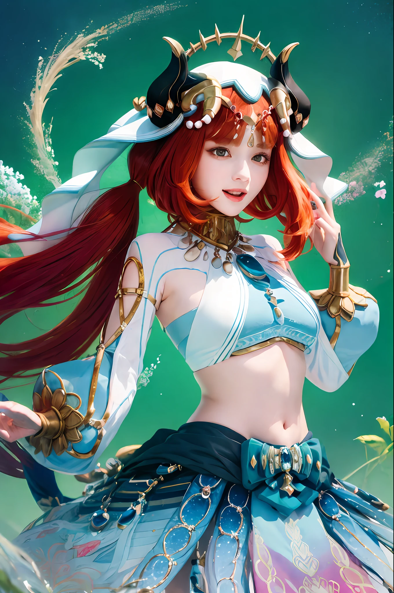 (Realistic painting style:1.1)、​masterpiece、top-quality、absurderes、nilou(Neither flowers nor mist)(GenshinImpact)、aqua eyes、nilou(GenshinImpact)、fake horns、1girl in、独奏、huge tit、red hairs、veils、a smile、a moon、length hair、croptop、jewely、banya、natta、bracers、brooches、long-sleeve、puffy long sleeves、looking at the viewers、skirt by the、bangss、Twin-tailed、Eau、puffy sleeves、Skysky、neck rings、open open mouth、 :d, fullmoon, nigh sky, florals, harem outfit, gold trim, partedbangs, Raise your arms, breastsout, circlet, plein air, a blue skirt, hair adornments, Independent sleeves, low twintails, Floating hair, Pedras preciosas, flower in hair, blue gemstone, hand up, dancers, White cap, tiny chest, stomach, Midriff, cowboy  shot, blue bow, Very long hair