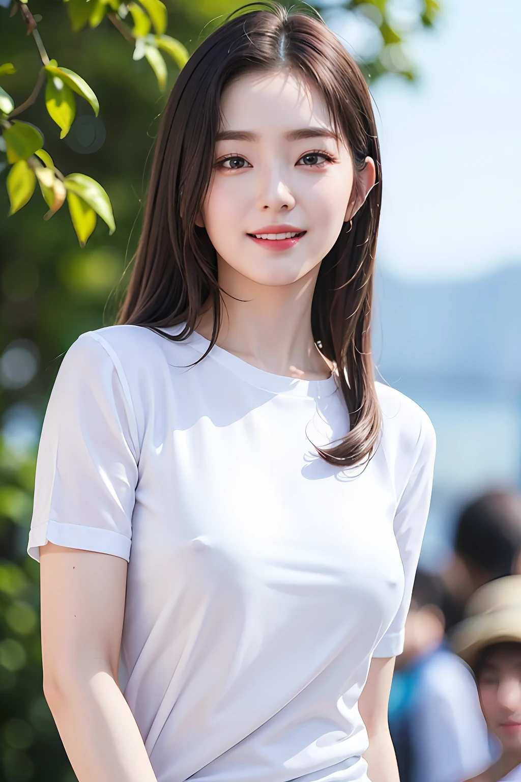 Middle breast exposed, very detailed eyes, very detailed face, best quality, masterpiece, very detailed, ultra-detailed, (realistic, photorealistic: 1.3), smile, (facing forward), looking at the audience, white shirt, sunny, outdoors, 1girl upper body