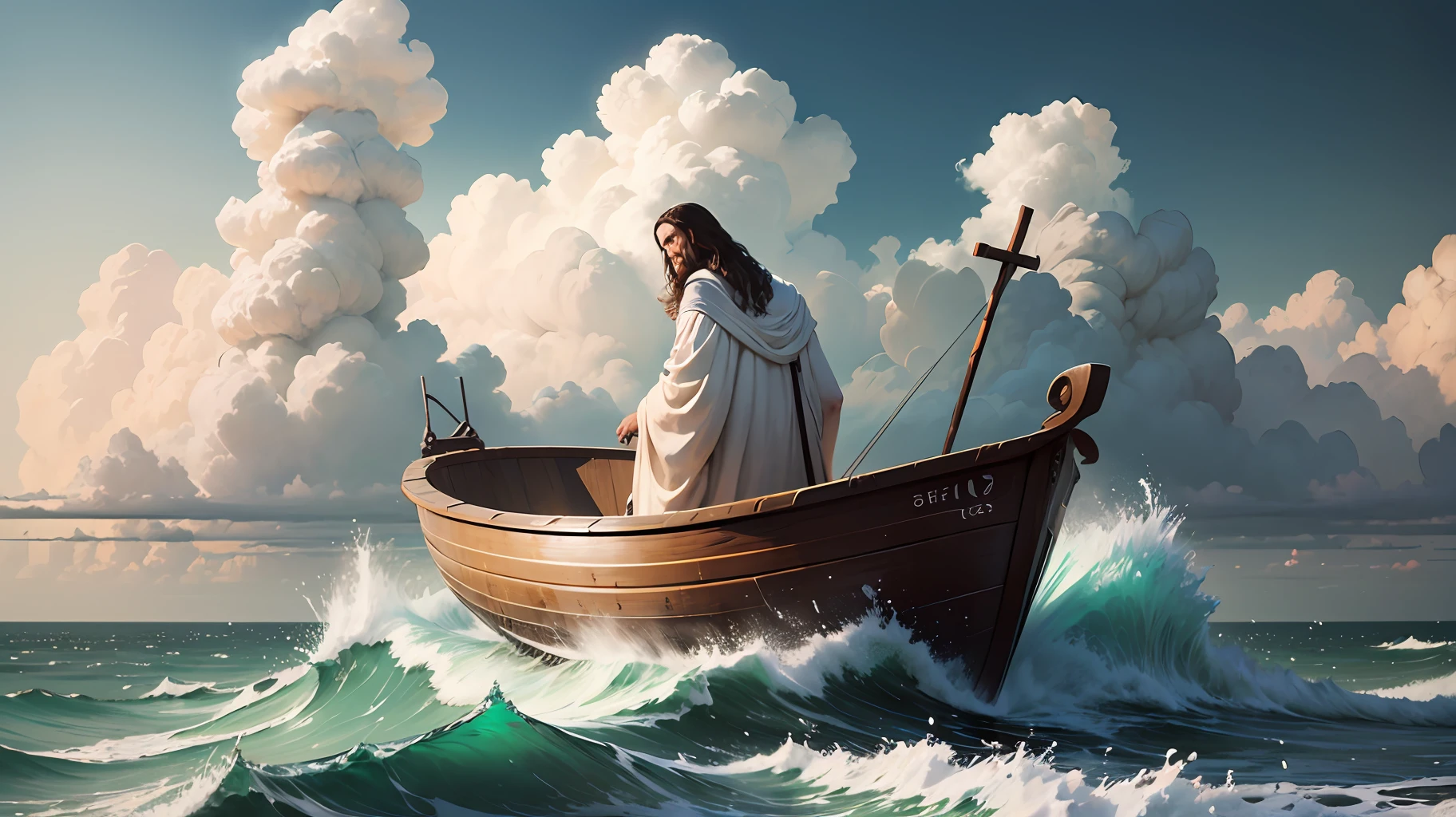 Jesus cristo andando sobre as aguas, com varias ondas, com ceu escuro.