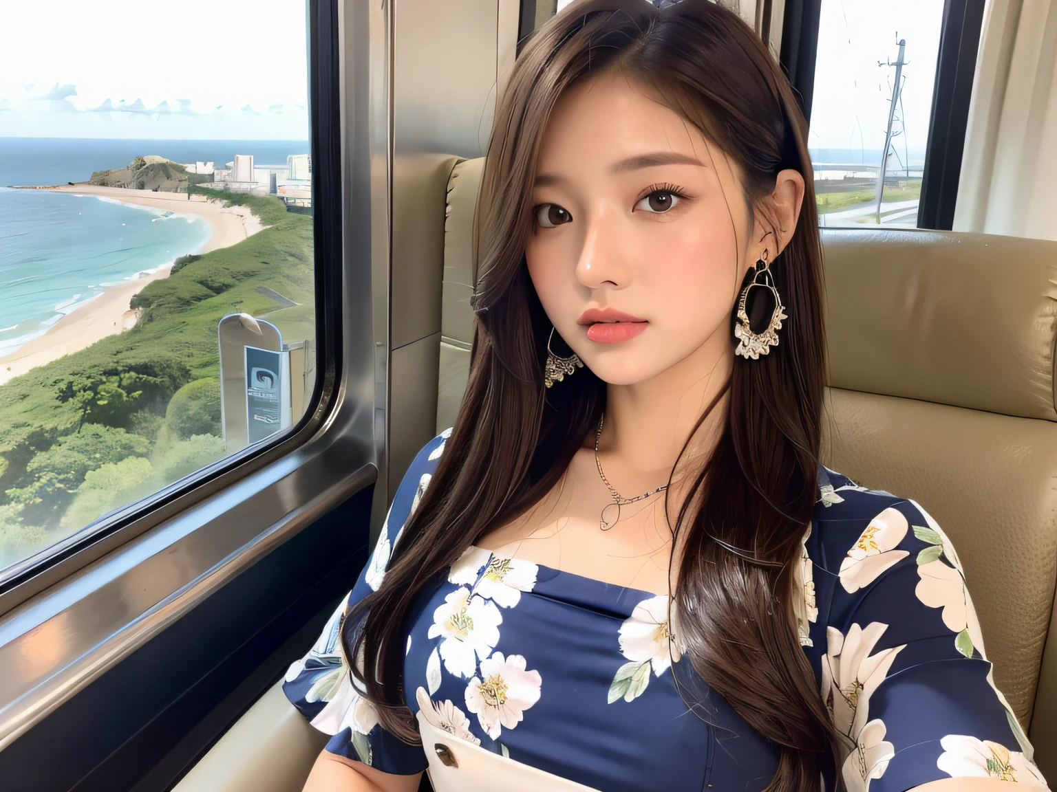 (Navy blue floral blouse:1.2), (wearing a White maxi-skirt:1.3), ((Innocent and cute girl:1.2)), (Layered Hairstyle, Light-brown hair, medium long hair), Very Detailed Face and Skin Texture, Detailed Eyes, Double Eyelids, Pale Cheeks, Shiny eyes:1.2, shiny little neckless and earrings, Glossy Lips: 1.4, fair skin:1.2, Perfect body, (Cowboy shot), (Selfie pose on Instagram), from the side, looking at the viewer next to you, medium large breasts, (upper bust), (seductive appearance: 1.2), (In the passenger seat of a train), ((beautiful clear sea view outside the train window)),
