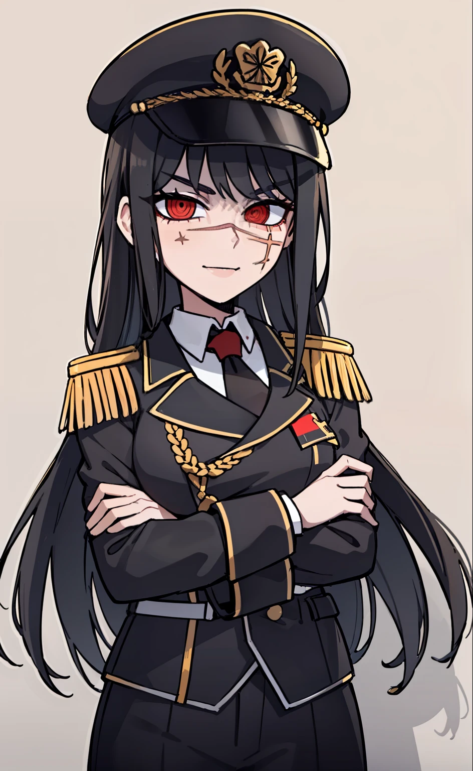 (masterpiece, best quality: 1.2), Solo, 1girl, Yoru \(Chainsaw Man\), looking at the viewer, different poses, red eye, long hair, completely black hair, reference to clothing of a German WWII general, black long sleeves (best quality), scar on face, beautiful eyes, has only 2 arms, has war medals on his clothes, Black Military Cap, Golden Eagle Medal on Clothing,  (Wallpaper), (8K HD), (8K HD), Golden Shoulder Pads, Sprites, 1 Single Design (masterpiece, best quality: 1.2), Solo, 1girl, Yoru \(Chainsaw Man\), looking at the viewer, smile, happy, different poses, red eye, long hair, completely black hair, reference to clothing of a German WWII general, black long sleeves (best quality), scar on face,  beautiful eyes, has only 2 arms, has war medals on his clothes, black military cap, golden eagle medal on clothing, (wallpaper), (8K HD), (8K HD), (8K HD), golden shoulder pads, sprites, 1 single design