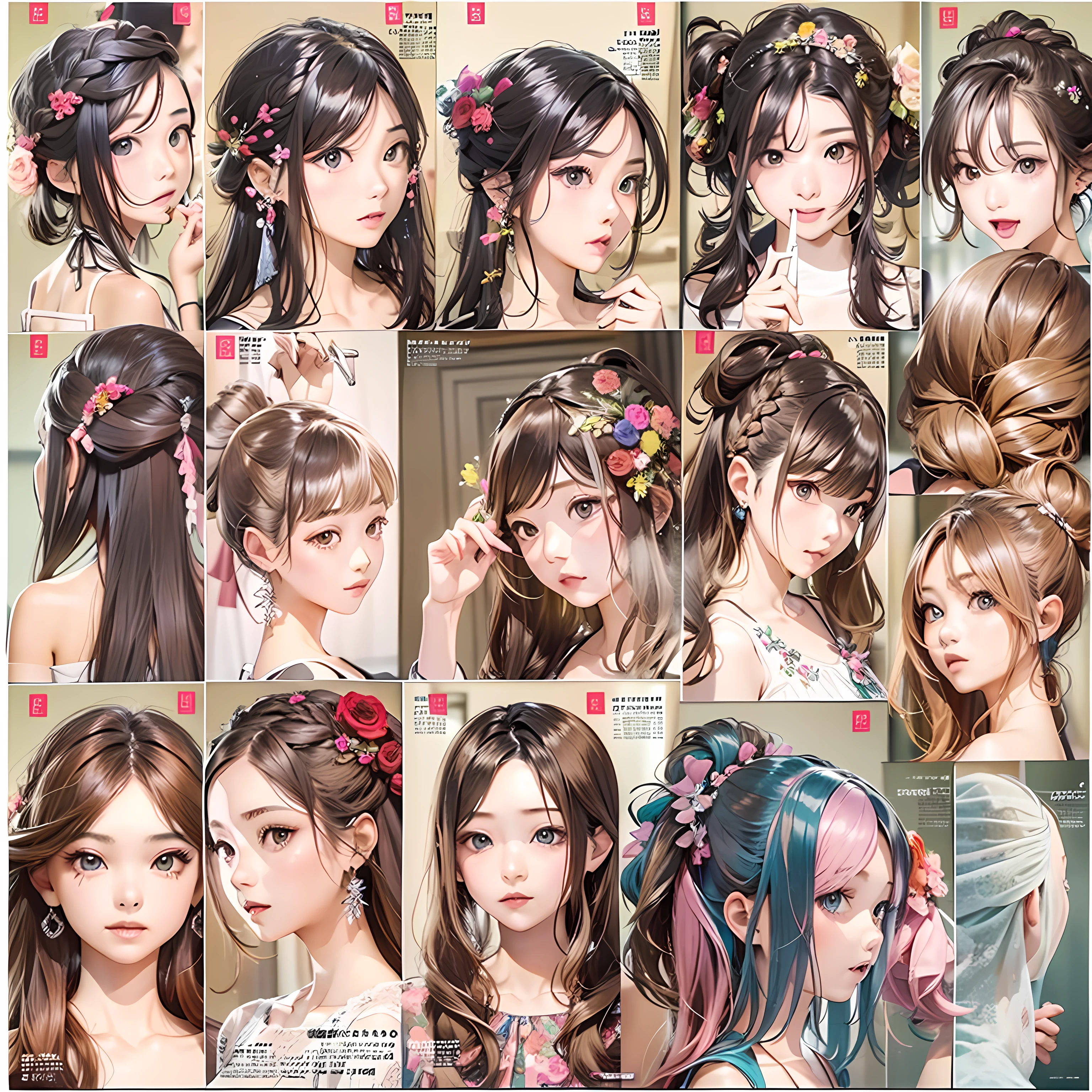 (Complete Hairstyles of Beautiful Girls、12 divisions、Magazine article style):2、​masterpiece、realisitic
