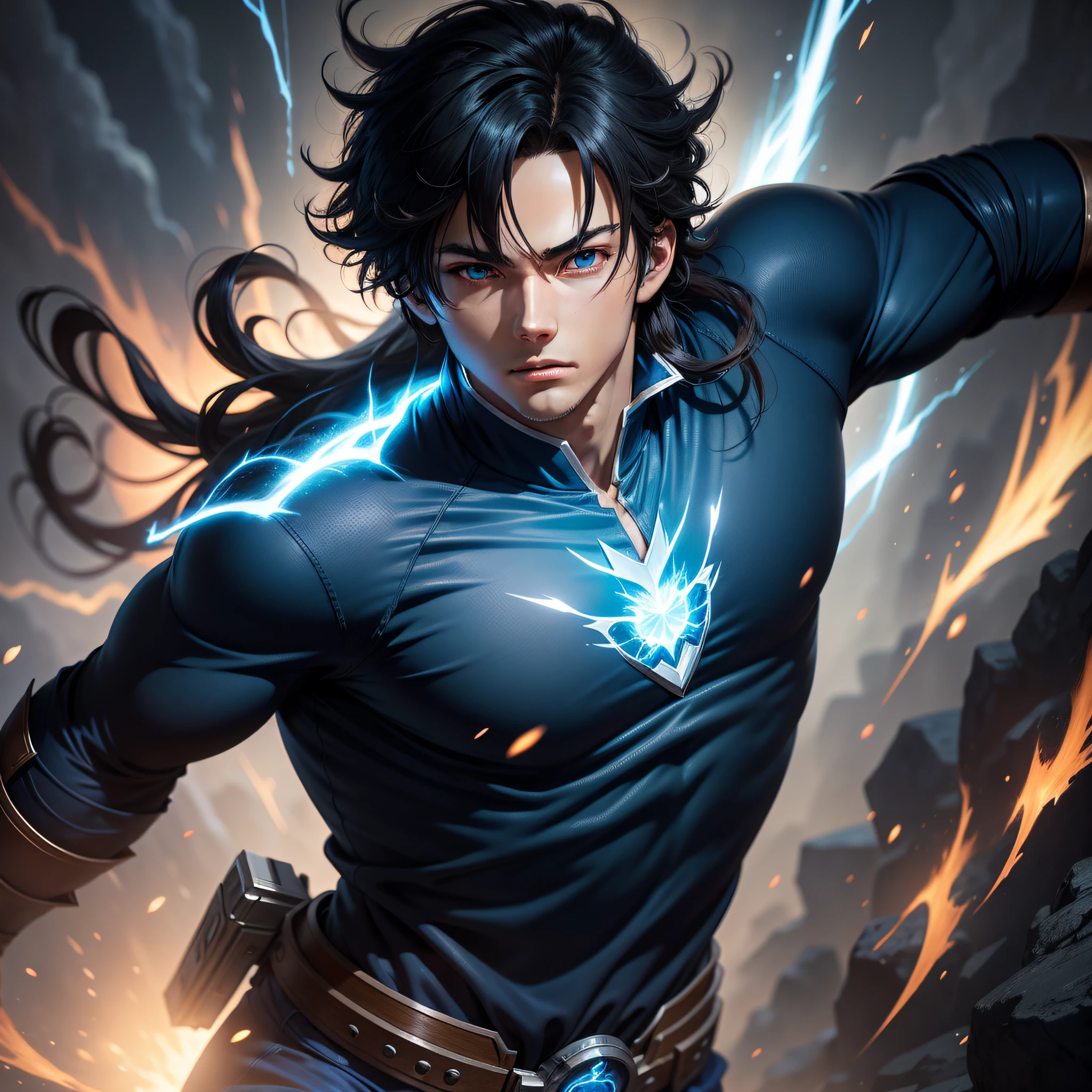 anime illustration, young hero, emitting fiery blue aura, sharp soft focus, dynamic lighting, high definition, 4k, highly detailed, comprehensive cinematic, best quality, detailed work, detailed face, clear eyes, sharp features, fantasy concept, outdoor dynamic lighting