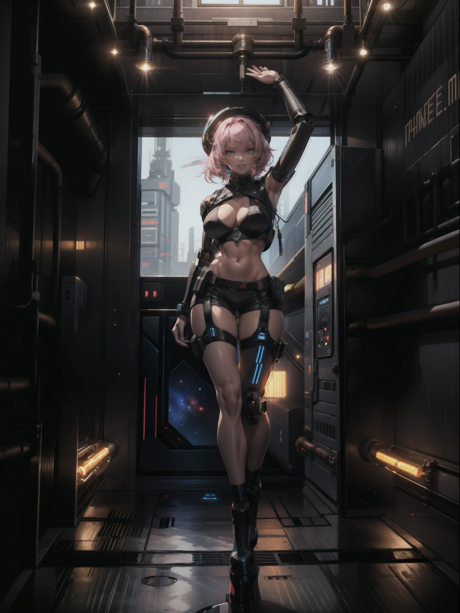 ((full body, standing):1.5), {((1 woman))}, {((with bionic body parts, wearing extremely tight black sleeveless shirt, short gin shorts)), ((very large breasts)), ((very short, straight pink hair, blue eyes)), staring at the viewer, smiling, ((striking an erotic pose)), ((in a futuristic spaceship, in front of an elevator, window showing the outer space, futuristic machines, humanoid robots, pipes with lights))}, 16k, best quality, best resolution, best sharpness, ultra detailed