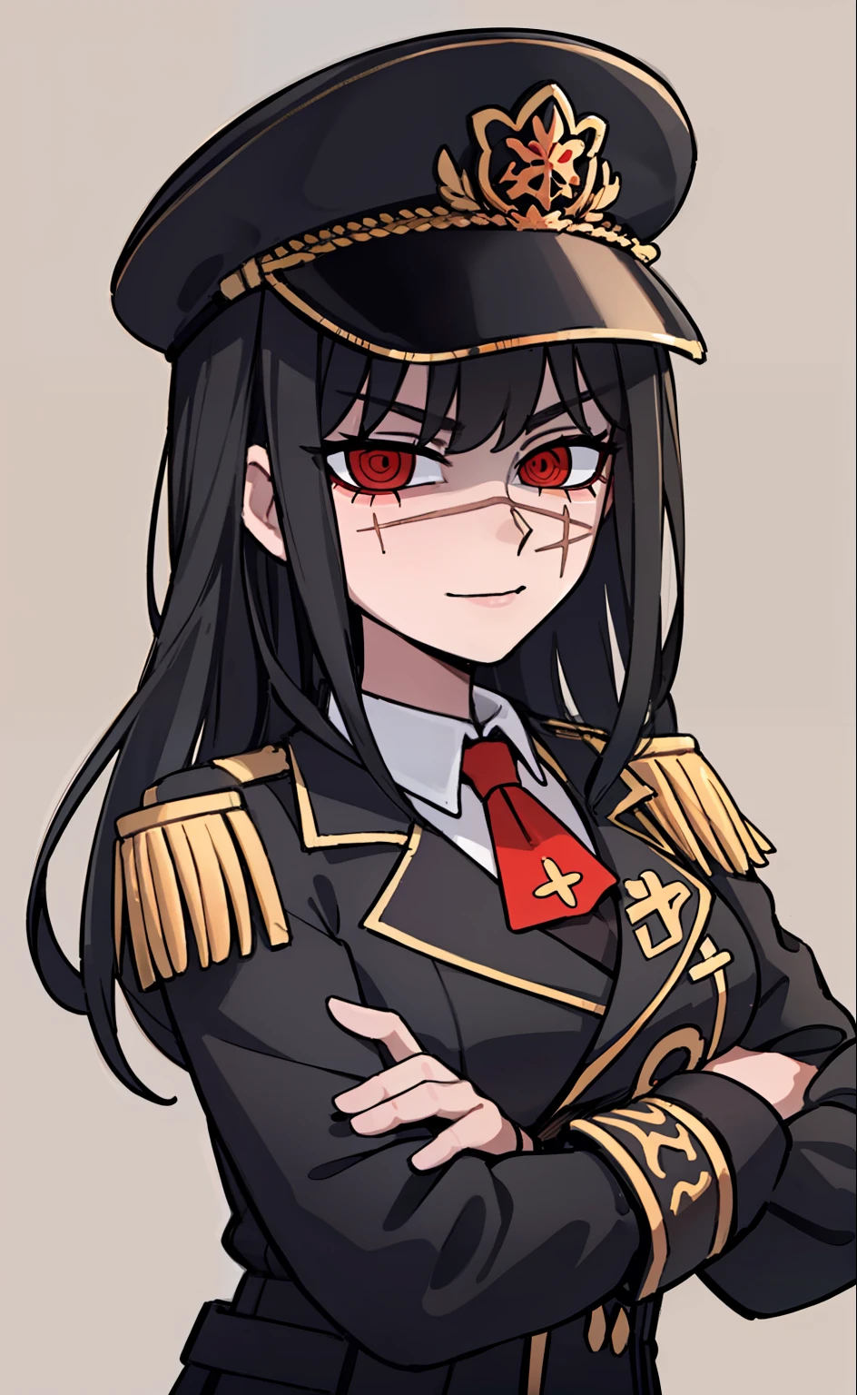 (masterpiece, best quality: 1.2), Solo, 1girl, Yoru \(Chainsaw Man\), looking at the viewer, different poses, red eye, long hair, completely black hair, reference to clothing of a German WWII general, black long sleeves (best quality), scar on face, beautiful eyes, has only 2 arms, has war medals on his clothes, Black Military Cap, Golden Eagle Medal on Clothing, (Wallpaper), (8K HD), (8K HD), Golden Shoulder Pads, Sprites, 1 Single Design (masterpiece, best quality: 1.2), Solo, 1girl, Yoru \(Chainsaw Man\), looking at the viewer, smile, happy, different poses, red eye, long hair, completely black hair, reference to clothing of a German WWII general, black long sleeves (best quality), scar on face, beautiful eyes, has only 2 arms, has war medals on his clothes, black military cap, golden eagle medal on clothing, (wallpaper), (8K HD), (8K HD), (8K HD), golden shoulder pads, sprites, 1 single design