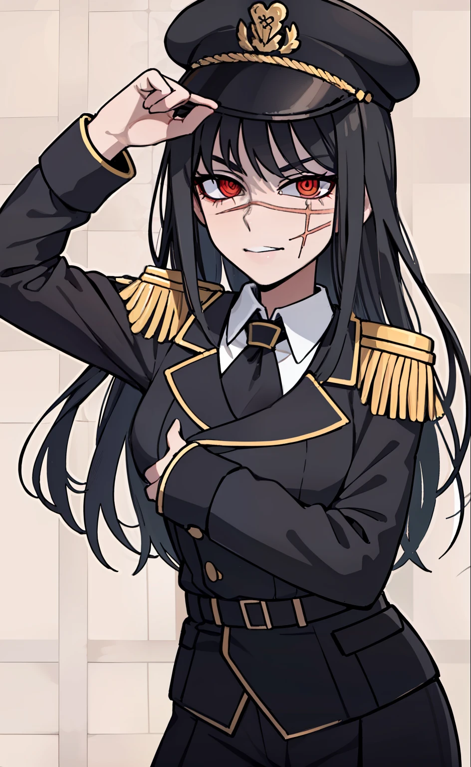 (masterpiece, best quality: 1.2), Solo, 1girl, Yoru \(Chainsaw Man\), looking at the viewer, different poses, red eye, long hair, completely black hair, reference to clothing of a German WWII general, black long sleeves (best quality), scar on face, beautiful eyes, has only 2 arms, has war medals on his clothes, Black Military Cap, Golden Eagle Medal on Clothing,  (Wallpaper), (8K HD), (8K HD), Golden Shoulder Pads, Sprites, 1 Single Design (masterpiece, best quality: 1.2), Solo, 1girl, Yoru \(Chainsaw Man\), looking at the viewer, smile, happy, different poses, red eye, long hair, completely black hair, reference to clothing of a German WWII general, black long sleeves (best quality), scar on face,  beautiful eyes, has only 2 arms, has war medals on his clothes, black military cap, golden eagle medal on clothing, (wallpaper), (8K HD), (8K HD), (8K HD), golden shoulder pads, sprites, 1 single design