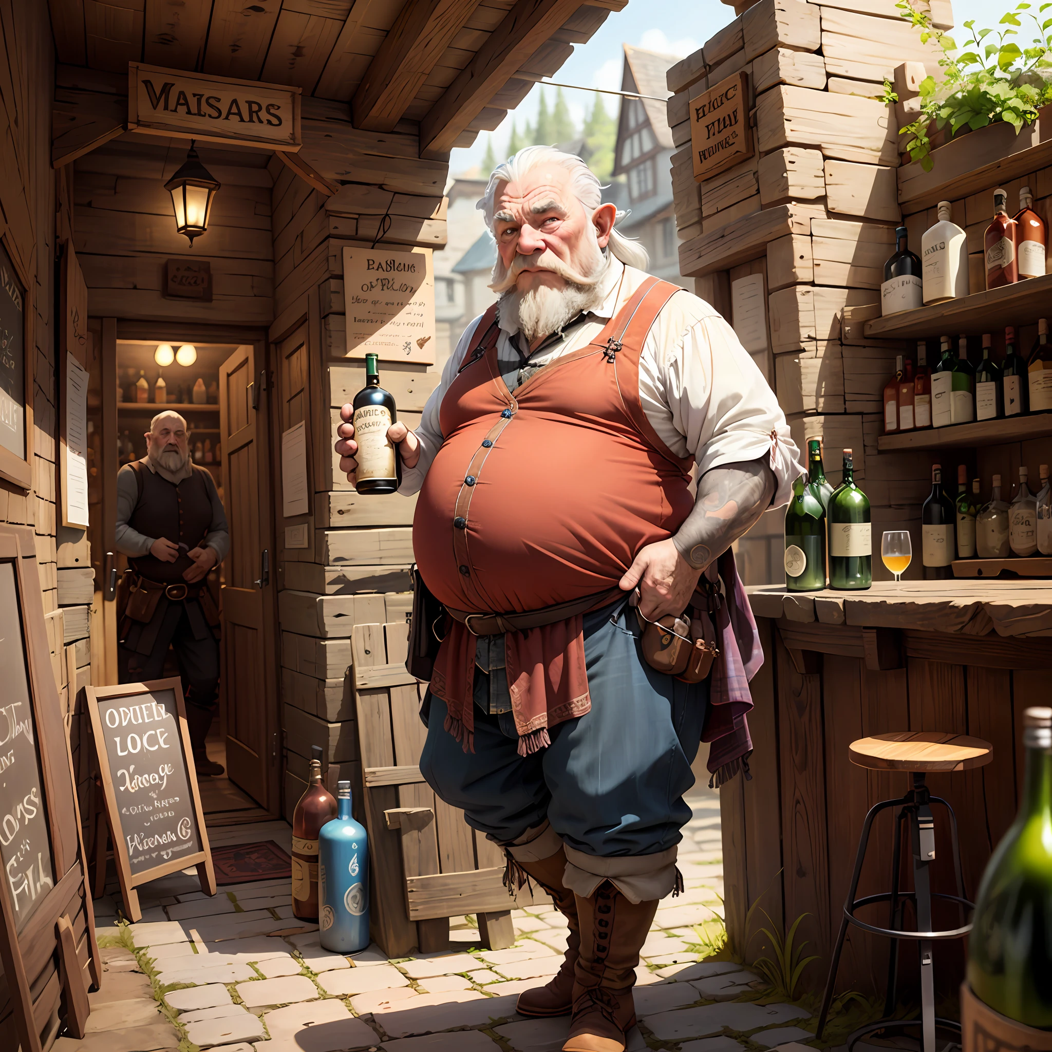 An art of a fantasy character. An old dwarf, drunk and pot-bellied, holding a bottle of liquor in his left hand. In the background is a rustic medieval bar. Vertical portrait format image. Character for RPG game, fantasy, fictional.