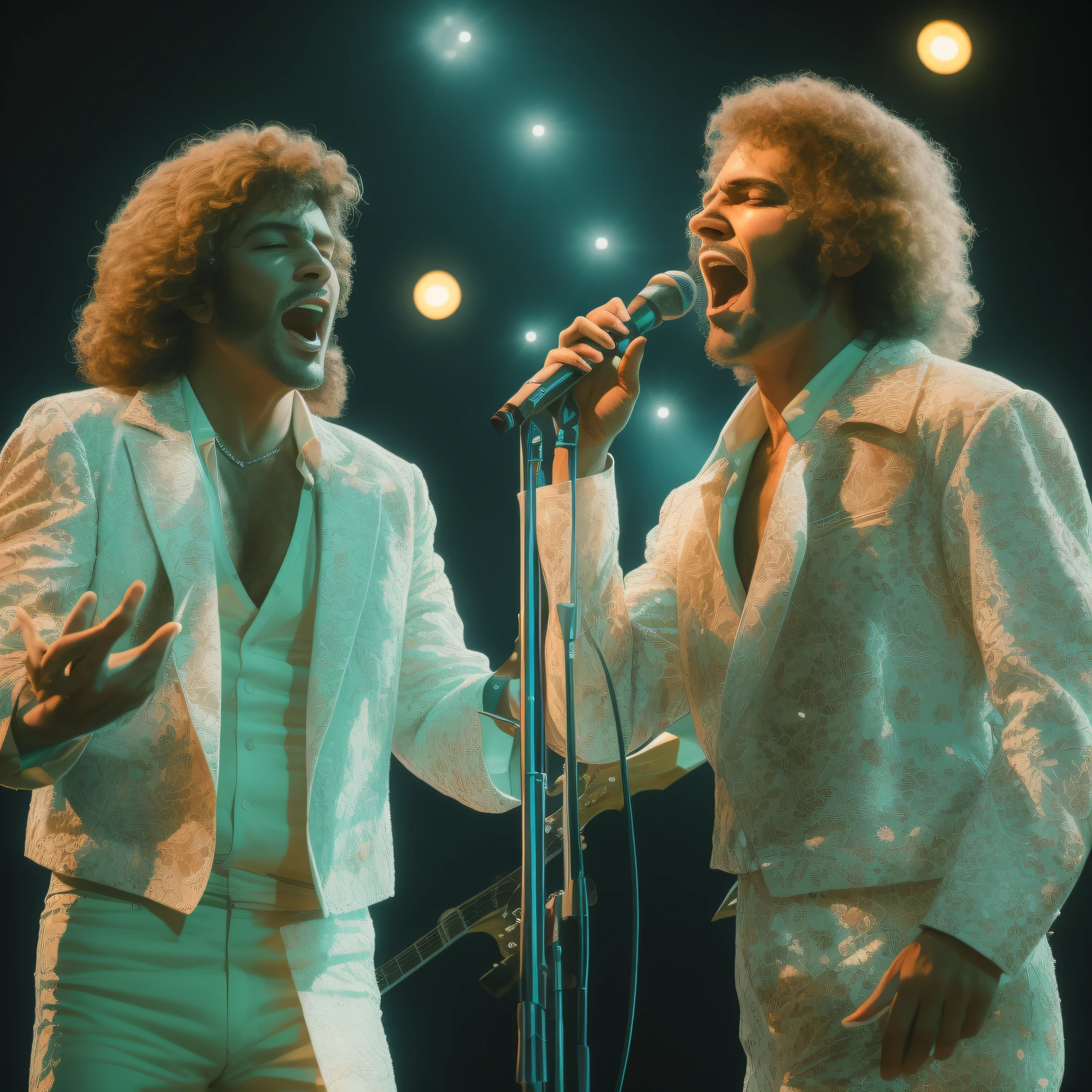 2 WHITE MEN singers singing standing up, em concerto, em roupas brilhantes dos anos 70 com lantejoulas e lantejoulas, com luzes e neons