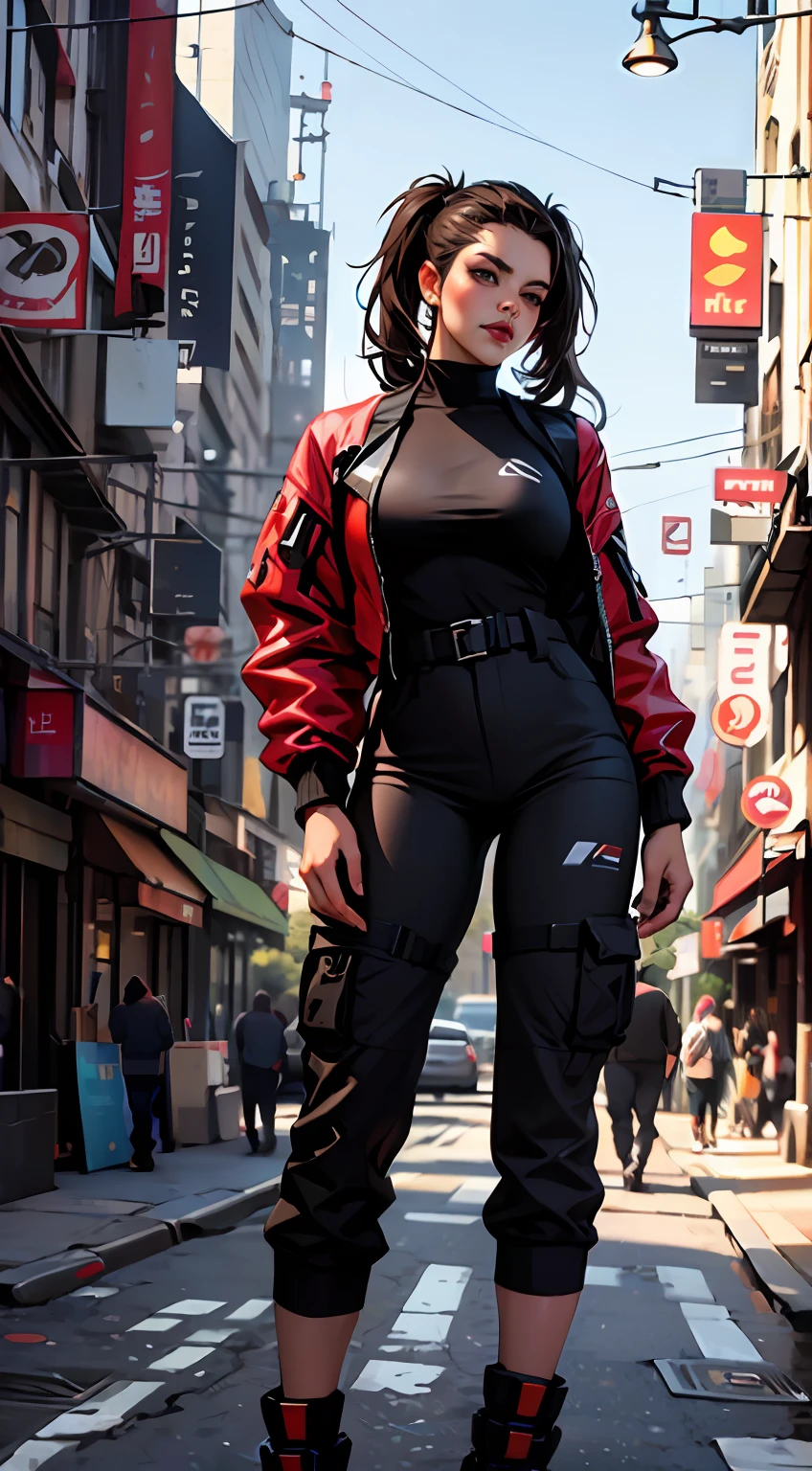 arafed beautyful lady in brown sleveeless outer tech wear standing on street corner, yellow twin tails, high-waist cargo pants. cyberpunk city, standing tall, busty, in a city street, long Hair, wearing urban techwear, realistic depiction, standing in a city center, an ultra realistic, promo image, techwear look and clothes, in city street, hyper-realistic, hyper - realistic, wojtek fus, hyper realistic style, full body,