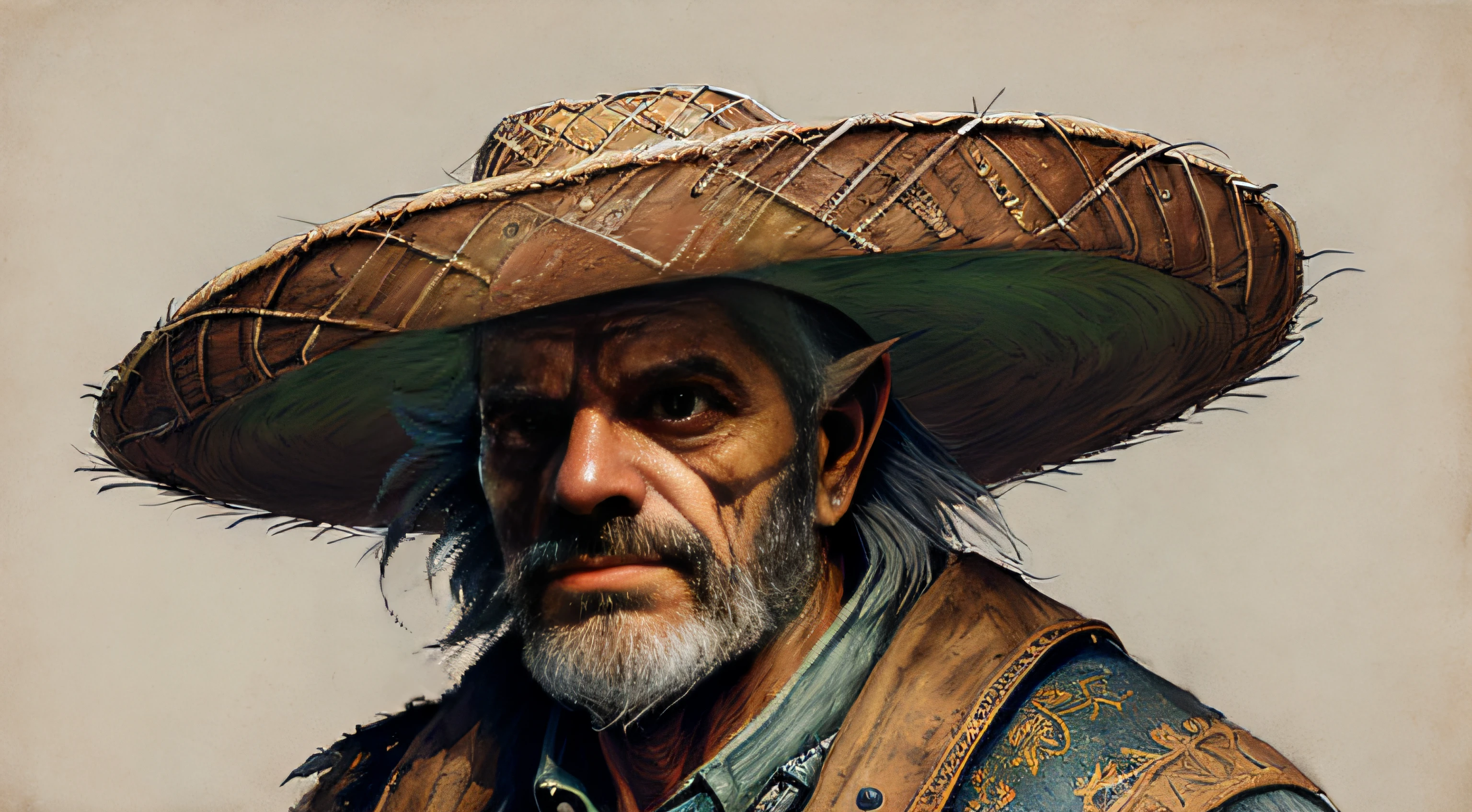 (((hombre))), (((sombrero))), High angle detailed ((Dnd Druida Retrato)), continuado, a high definition, (aceites: 1.1), (comic art style: 1.5), (Contorno de tinta: 1.3), despampanante, gente, retrato, ((( perfil))), angular features, (Cabello bob degradado gris oscuro), (Color natural suave: 1.3) estilo de pintura por Jean Baptiste Monge