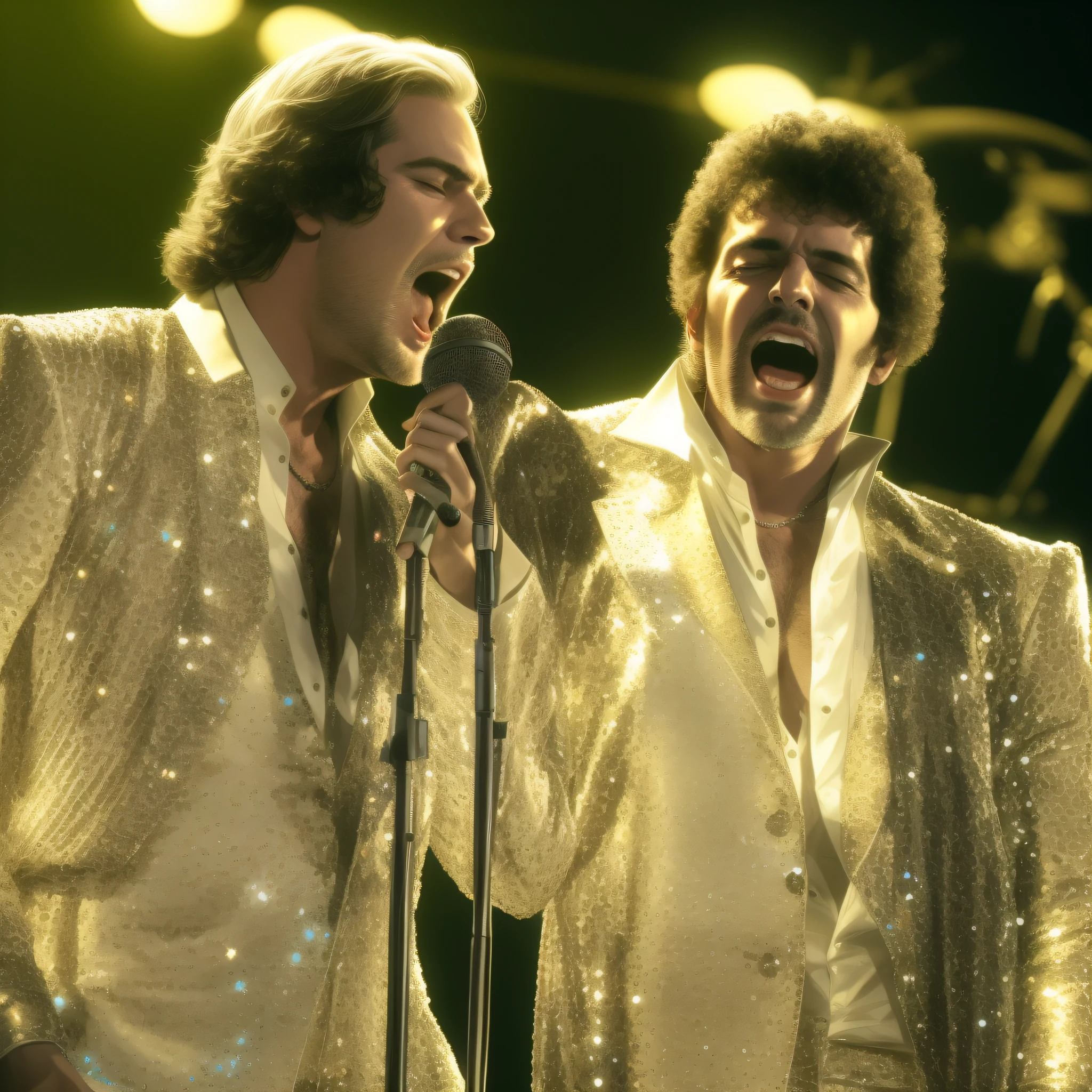 2 WHITE MEN singers singing standing up, em concerto, em roupas brilhantes dos anos 70 com lantejoulas e lantejoulas, com luzes e neons