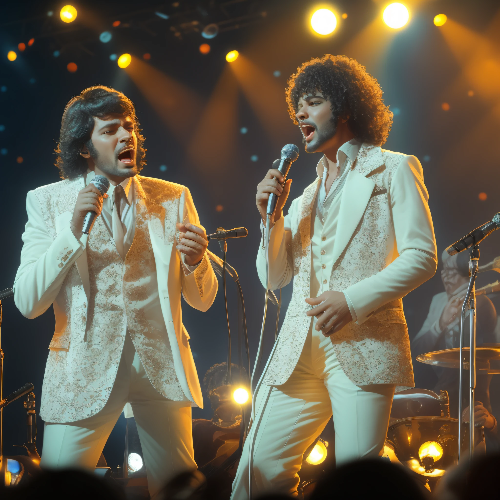2 WHITE MEN singers singing standing up, em concerto, em roupas brilhantes dos anos 70 com lantejoulas e lantejoulas, com luzes e neons