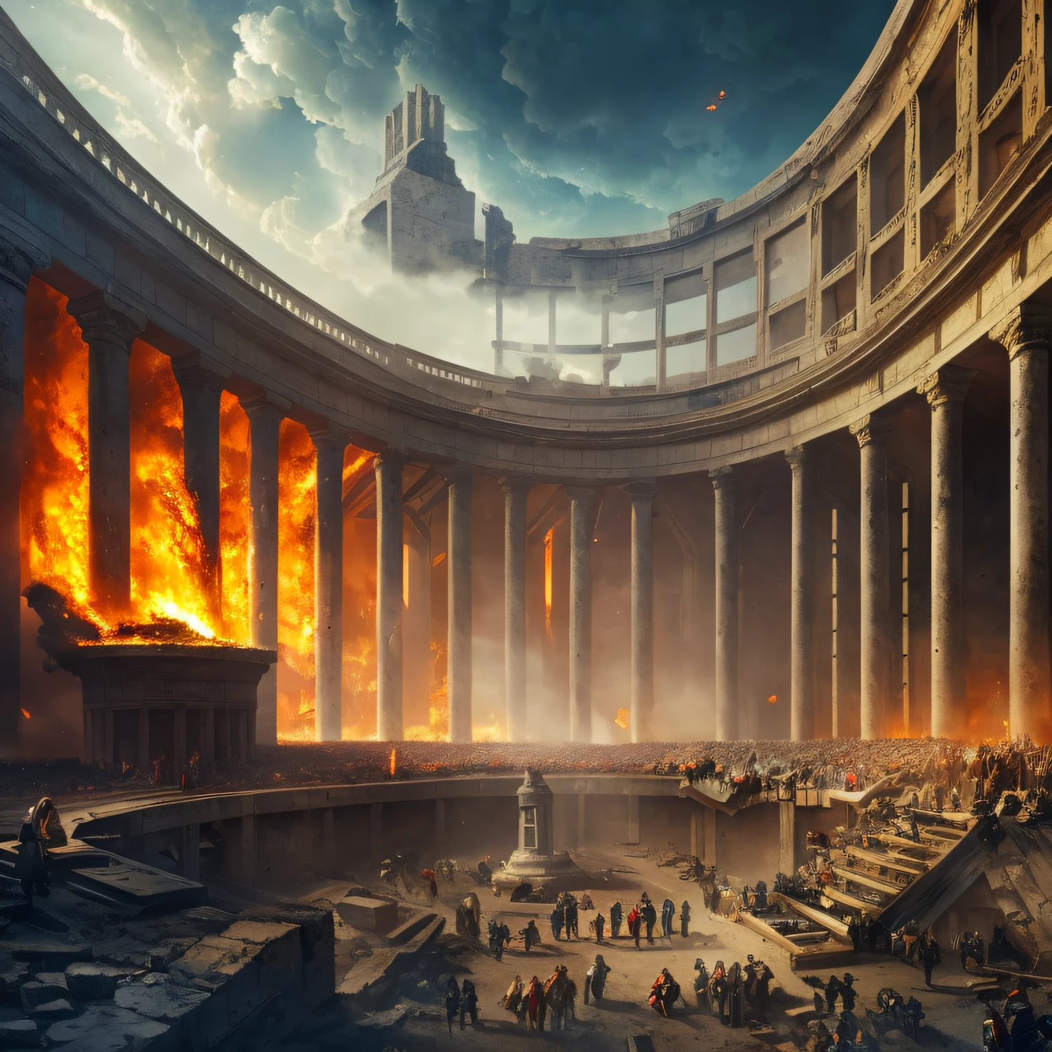 A big explosion inside the arena,A figure actually smashed the wall,Walk slowly,Follow the prestige,8K,复杂,ellegance,highly detailed,A majestic,Digital photography,surrealism painting, --auto