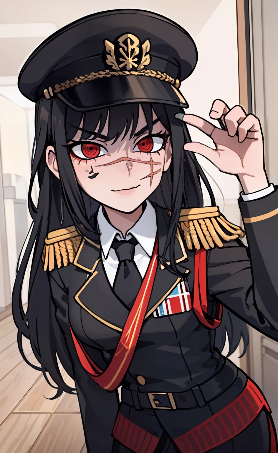 (masterpiece, best quality: 1.2), Solo, 1girl, Yoru \(Chainsaw Man\), looking at the viewer, different poses, red eye, long hair, completely black hair, reference to clothing of a German WWII general, black long sleeves (best quality), scar on face, beautiful eyes, has only 2 arms, has war medals on his clothes,  Black Military Cap, Golden Eagle Medal on Clothing, (Wallpaper), (8K HD), (8K HD), Golden Shoulder Pads, Sprites, 1 Single Design (obra maestra, mejor calidad: 1.2), Solo, 1girl, Yoru \(Chainsaw Man\), mirando al espectador, sonrisa, feliz, diferentes poses, ojo rojos, cabello largo, cabello completamente negro, reference to clothing of a German general from World War II, mangas largas negras (mejor calidad), cicatriz en la cara, hermosos ojos, tiene solo 2 brazos, manos bien hechas, tiene medallas de guerra en su ropa, Gorra militar negra, Golden Eagle Medal in Dress, (fondo de pantalla), (8K HD), (8K HD), hombreras doradas, sprites, 1 single design