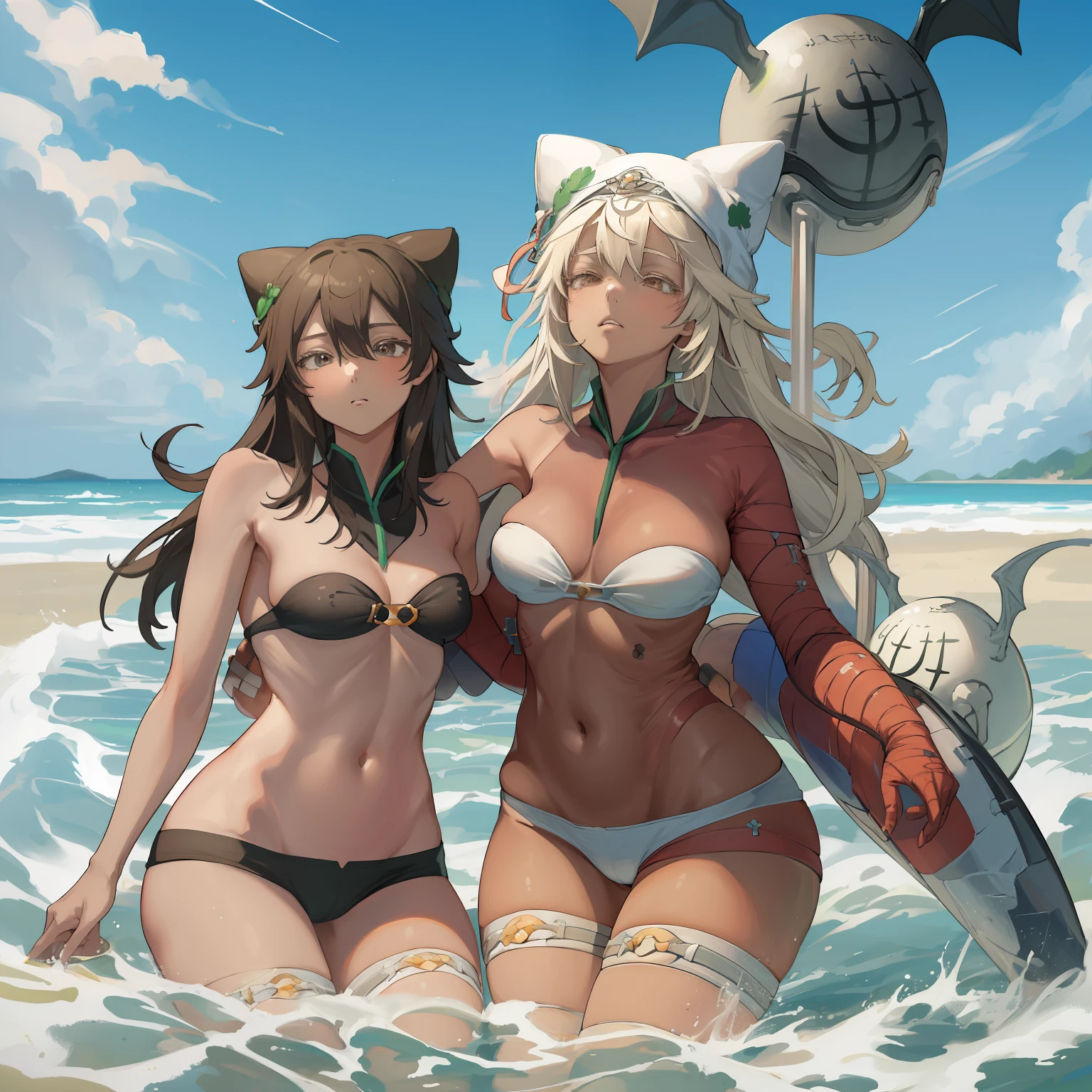 (best quality:1.3), Strand, Bikini, Hut, Gute Aussicht, Viele Tropfen Wasser und Wellen, happy+:0.7, neckisch+:0.7, (big breasts:1.7, beautiful thighs), Weiche Hervorhebung, Farbenfroh:0.8, Sommer, Sonne, Musik.
