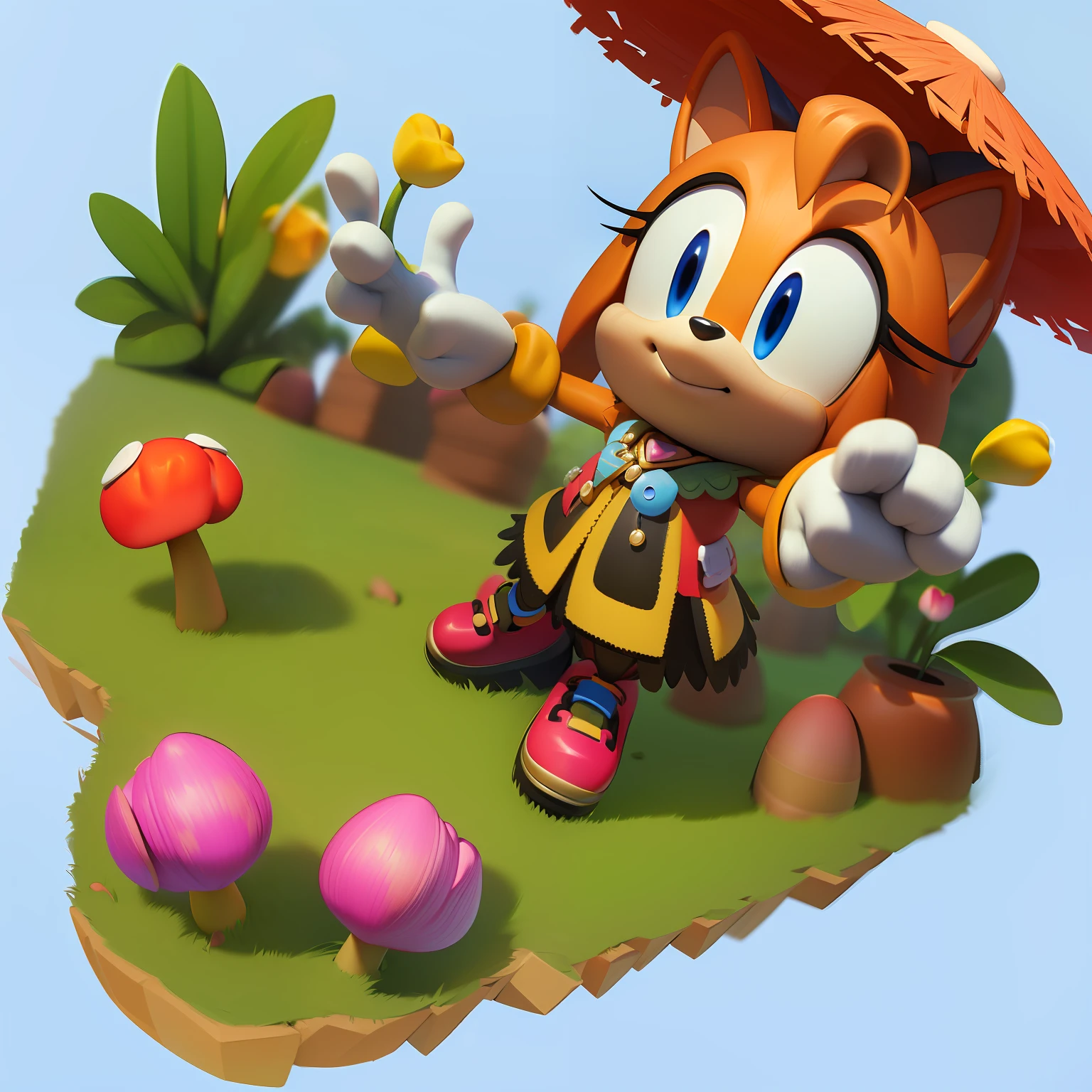 (Cute puppy:1.2), ssmile, Bushy smooth coat、personification, Mushroom cap on the head, rendered:(charicature:1.3,Production Movie, the pose:(Lively:1.2, amusing), modeled:(ultra-quality:1.2,8K,Orthographic view),tulips, blue-sky, for the background(A park full of greenery:1.1),｛Complex and ultra-detailed, Giuseppe Arcimboldo｝