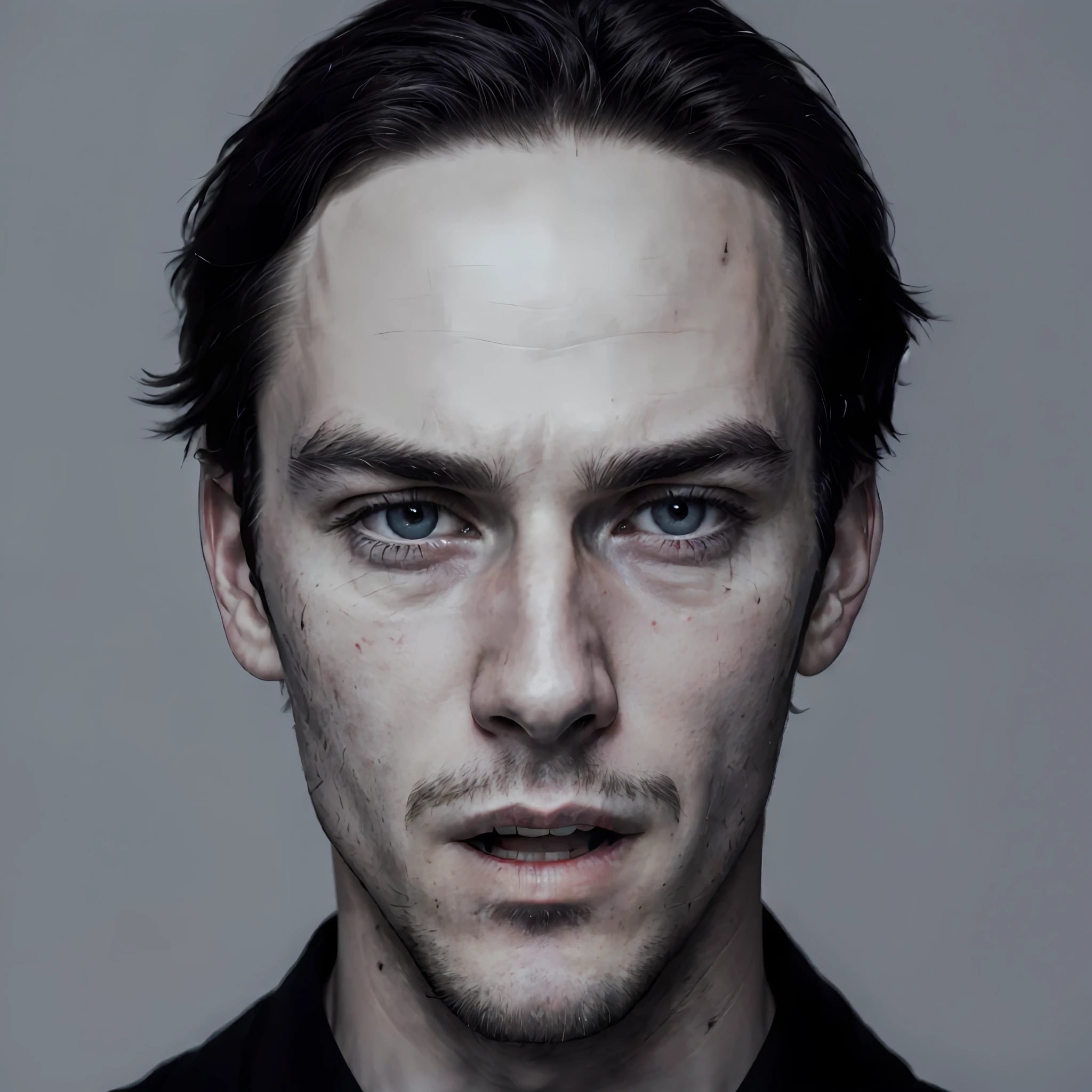 A man looks at the camera. perfect faces, Cinematic headshot portrait, sharp looking portrait, headshot portrait, High Quality Portrait. Photo of dark schizophrenia. Dramatic portrait, red-eyes. portrait shot 8 k