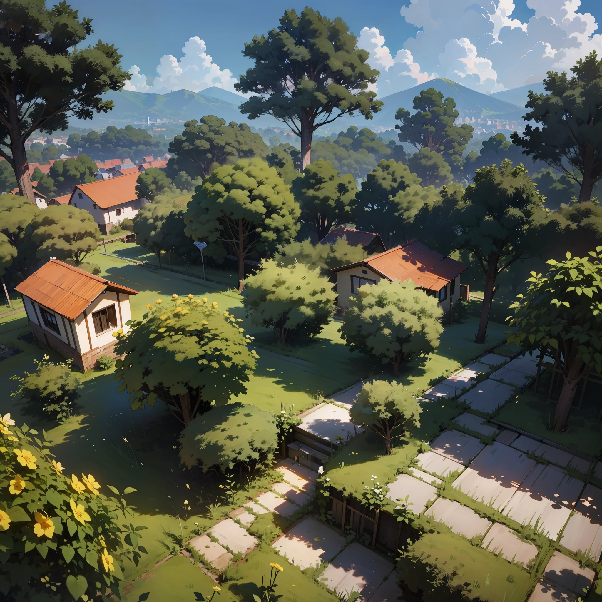 Floresta, terraces, Nuvens, Grande Angular, Pioneiro, Estrada de terra, Comerciante viajante, Voltar, Advance, Cana de madeira, Ray Tracing, Quadrinhos, 3D-rendering, Desenhos Animados, Estilo bonito, Ensolarado, Ao ar livre, Detalhado, 4K, HD, Alta Qualidade, obra prima, casas de fazenda.