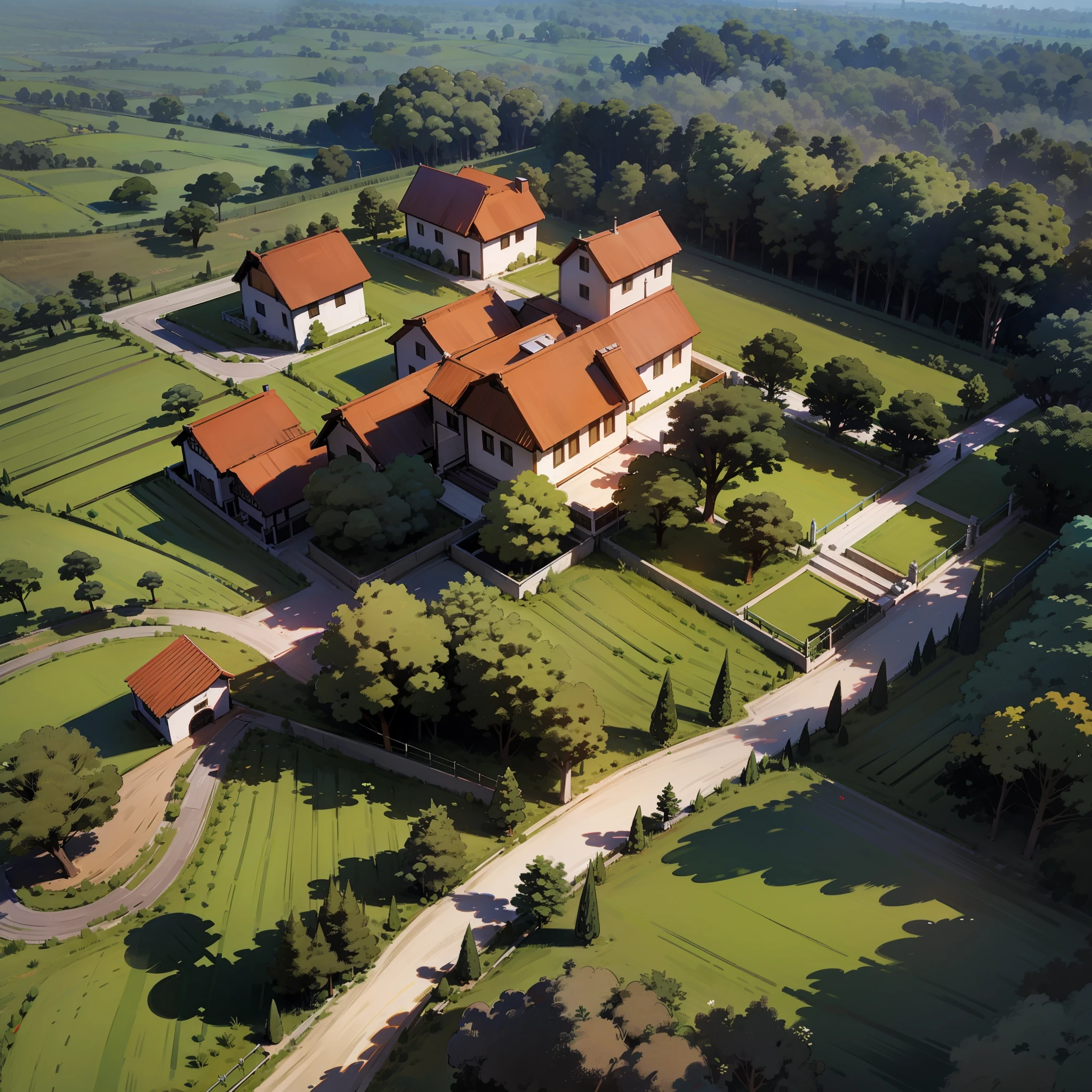 Floresta, terraces, Nuvens, Grande Angular, Pioneiro, Estrada de terra, Comerciante viajante, Voltar, Advance, Cana de madeira, Ray Tracing, Quadrinhos, 3D-rendering, Desenhos Animados, Estilo bonito, Ensolarado, Ao ar livre, Detalhado, 4K, HD, Alta Qualidade, obra prima, casas de fazenda.