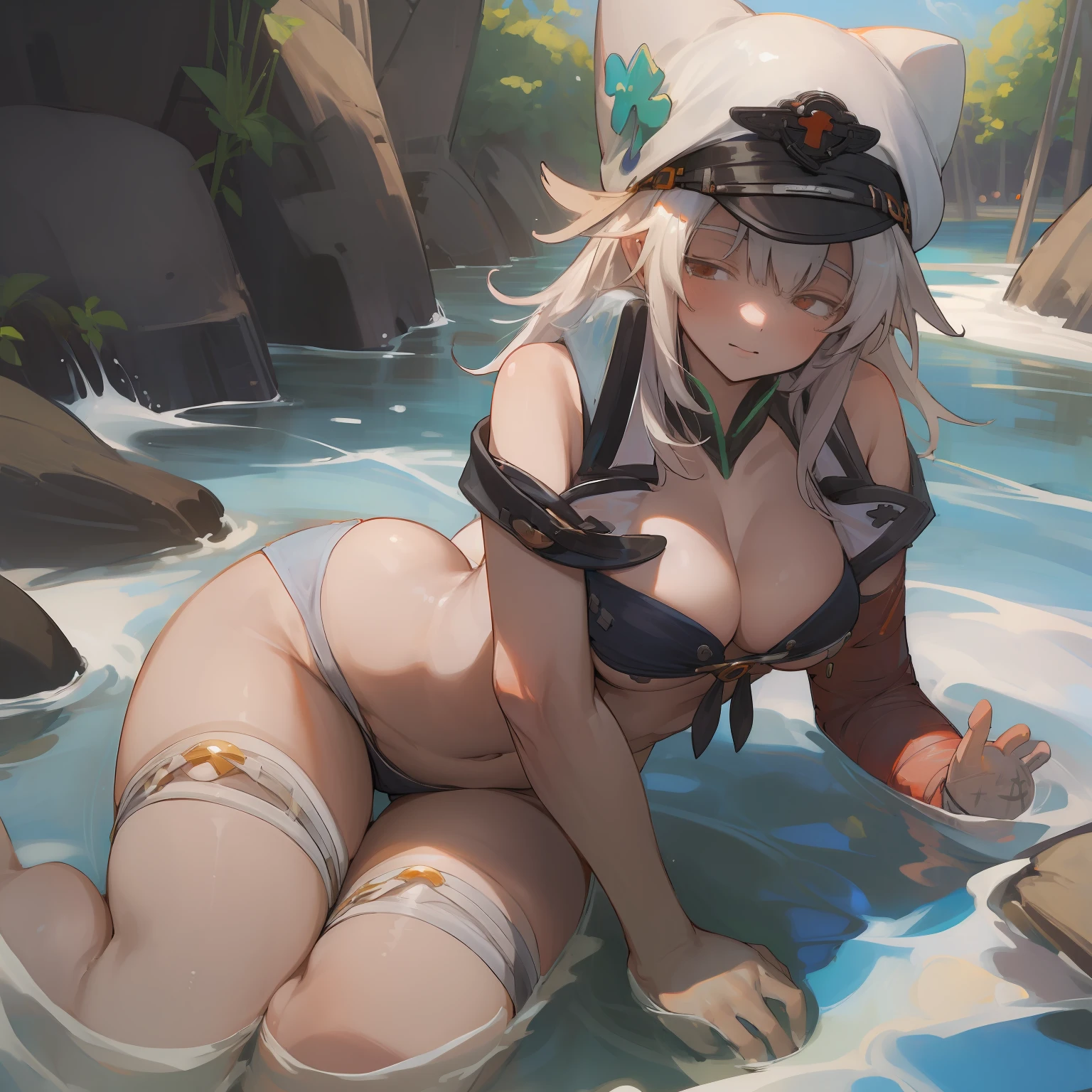 (best quality:2.0),happy,White hair,detailliert,the clear waters of a beautiful view on the beach,beautiful thighs and breasts,beautiful curves,Bikini,reflektierender Mond im Wasser in einer mondlosen Nacht,Hut,nachts,dunkel,teasing,peeves,sexuelle lust,halb nackt