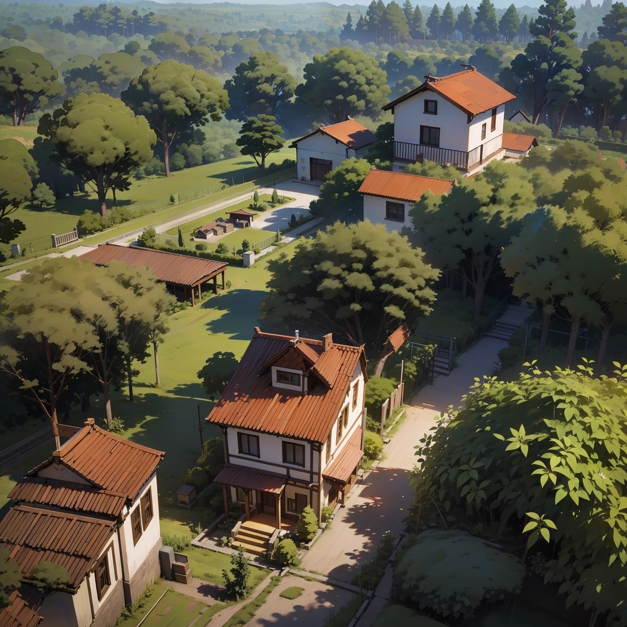 Floresta, terraces, Nuvens, Grande Angular, Pioneiro, Estrada de terra, Comerciante viajante, Voltar, Advance, Cana de madeira, Ray Tracing, Quadrinhos, 3D-rendering, Desenhos Animados, Estilo bonito, Ensolarado, Ao ar livre, Detalhado, 4K, HD, Alta Qualidade, obra prima, casas de fazenda.
