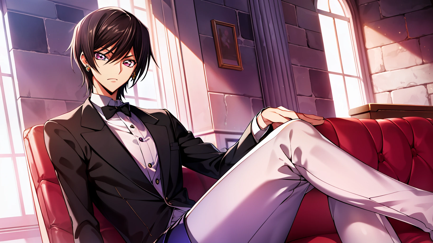 A room full of flowers,Building in the background,stone_floor, stone_wall, tile_floor, tile_wall,brick, brick_floor, brick_wall,
Sitting on a red sofa,Bright purple light,
Black and yellow outfit,Black Head,
Lelouch_Lampierog,jewelry,gem,
Black_hair,purple_Eyes,earrings,short hair hair, The purple light in their eyes ,
1guy, 20yo,male,Beautiful fingerBeautiful body,Beautiful Nose,Beautiful character design, perfect eyes, perfect face,
looking at the scenes,angry, 
nsfw,formal art,Highly detailed CG module 8K rear, perfect illumination,Colored, bright_front_face_lighting,
(巨作:1.0),(best_quality:1.0), very high resolution,4k,A highly detailed,
photography, 8k, hdr, highres, absurdres:1.2, Kodak portra 400, grain du film, blurry background, bokeh:1.2, lens flare, (vibrant_color:1.2)