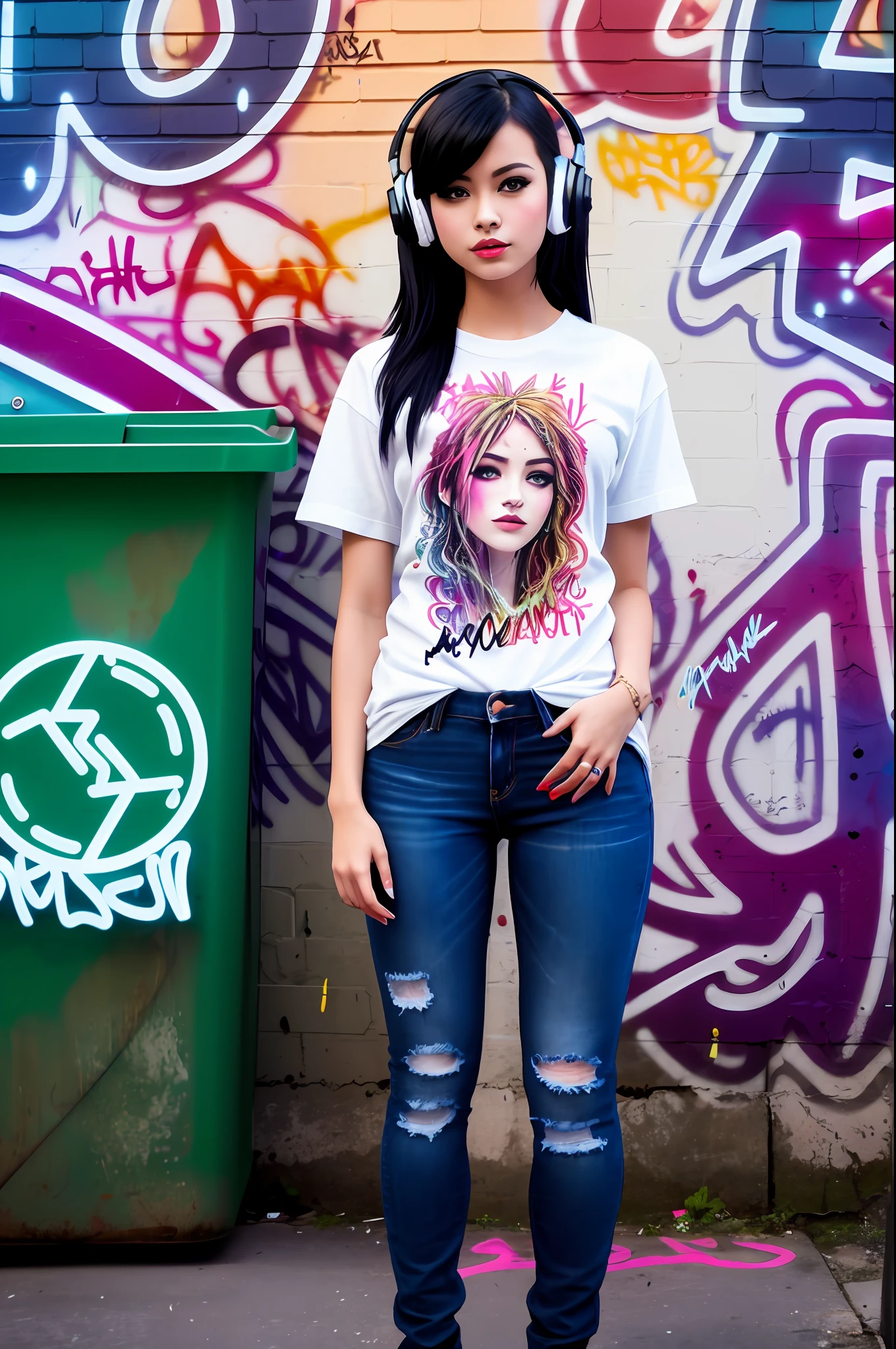 (style of carne griffiths),
full body shot of a Pretty black hair girl, European girl, headphones, Girl of European, standing in a dark alley, rip jeans, (jeans:1.1), badass, assassin, neon signed, dumpster in the background, graffiti, round neck plain Tee-shirt with jeans