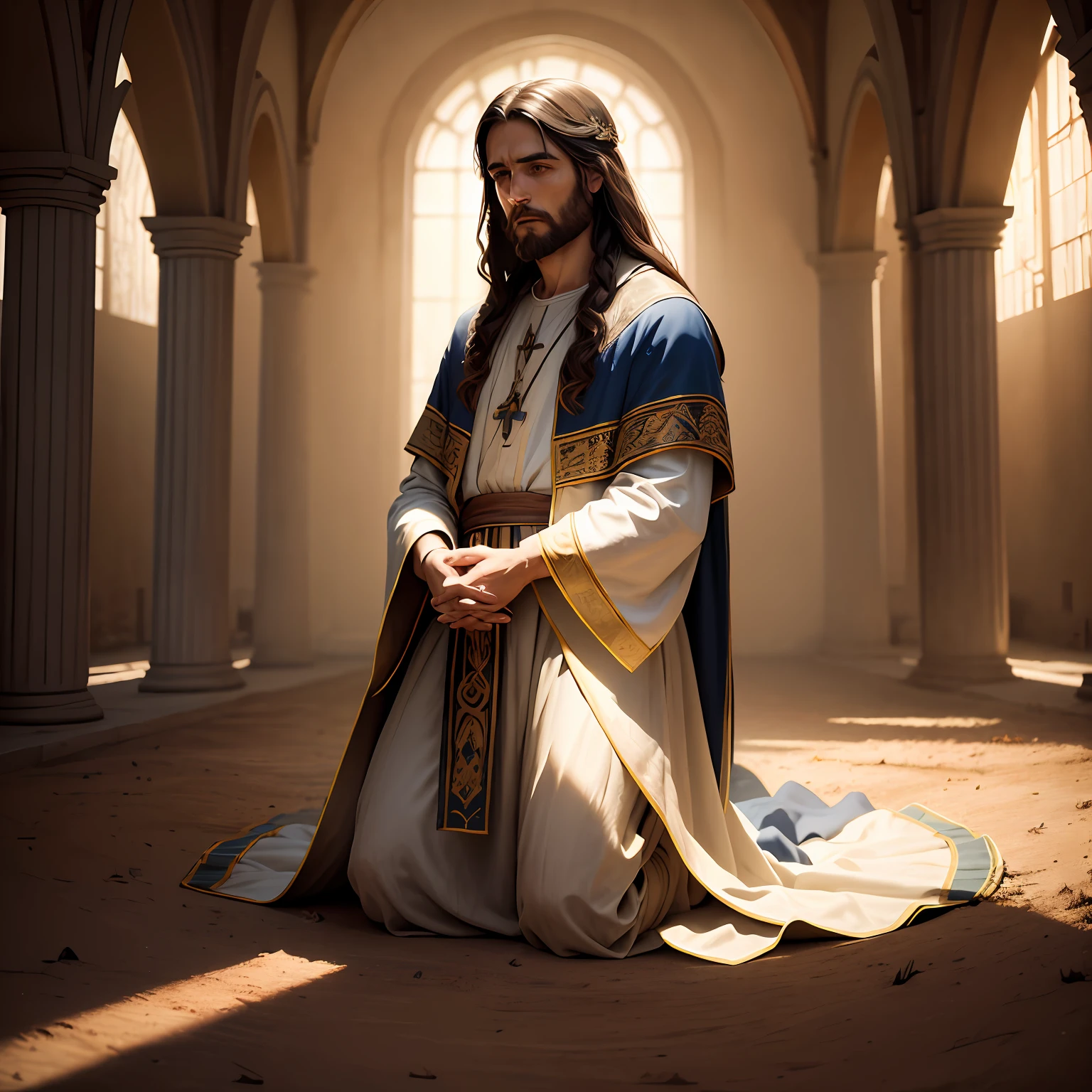 Jesus aged at least 30 kneeling in an open field, looking down in prayer, as rays of divine light descend upon him, conveying God's presence on his journey with clothing, features and settings from the biblical era, with detailed face, realistic 4k hdr image,(perfect hands) --auto