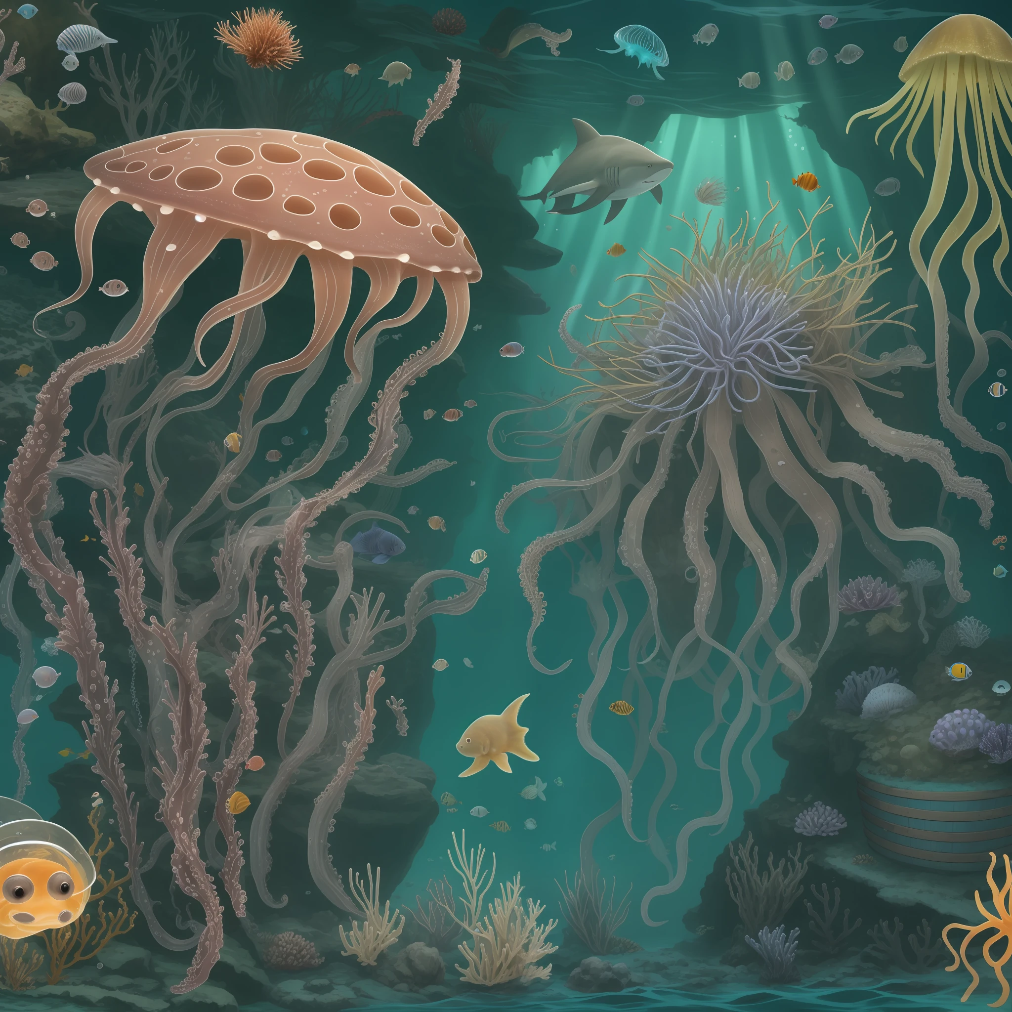 deep undersea vent, strange creatures live attached to the sea bottom, bioluminescent creatures and jellyfish float on the currents, fish scavenge the sea floor, a shark patrols, an octopus hides in a wooden barrel, sea anemones, starfish, sea urchins