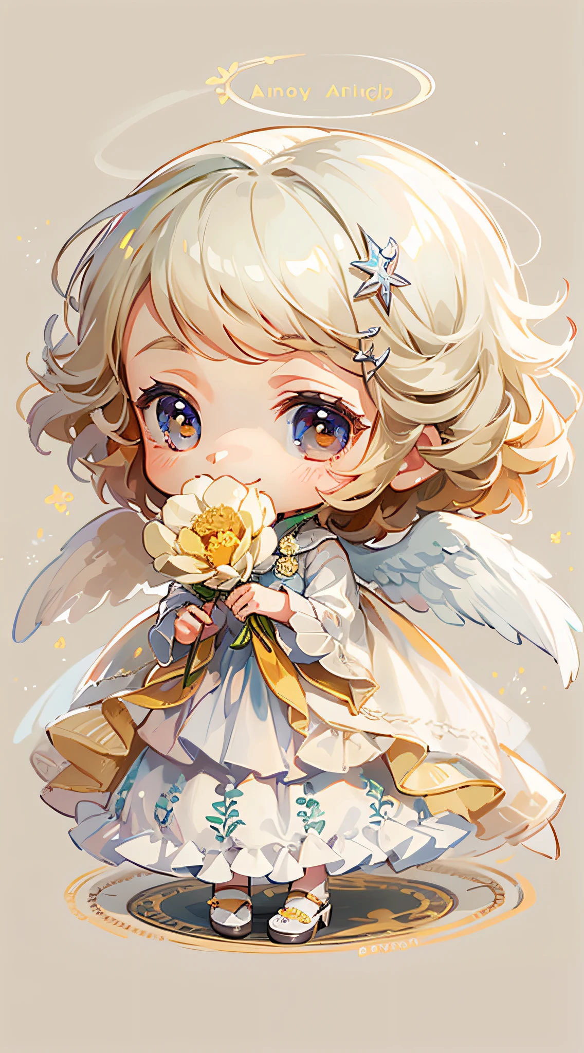 Little Angel, estilo chibi, With angel wings, Gentle smile, holding a flower, Vintage Long Dresses、colorfull dress, Isolated on plain white background, Show full body
