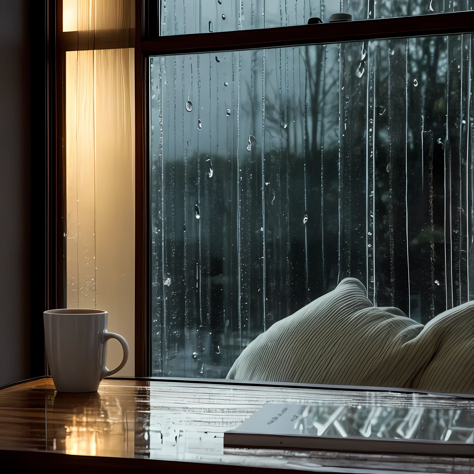 A cozy scene from a couch by the window on a rainy night, with a person sitting reading a book and holding a cup of hot coffee. The window glass is blurry and raindrops slam gently against the glass. --auto