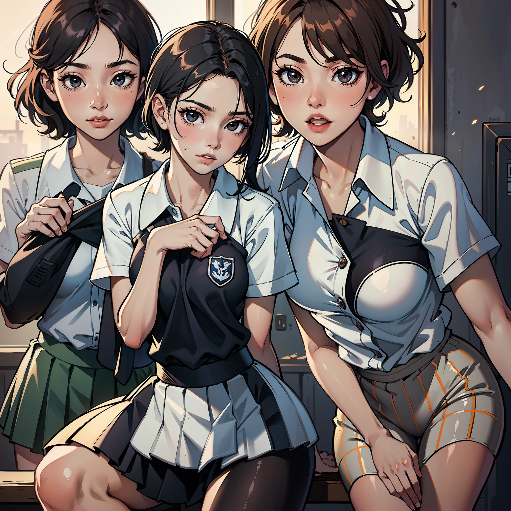 Vietnamese beautiful girl、小柄、Luxury、Jet-black eyes that shine so big and strong that they are pounding、short hair is neatly parted to the side,、Clip to forehead、in school uniform、jolly、Eyes full of curiosity、 healthy、sound、sano、jolly、fast feet、Athletic、Wheat-colored、Beautiful brown skin、School Uniforms、Agility、strength、Beautiful tanned skin --auto