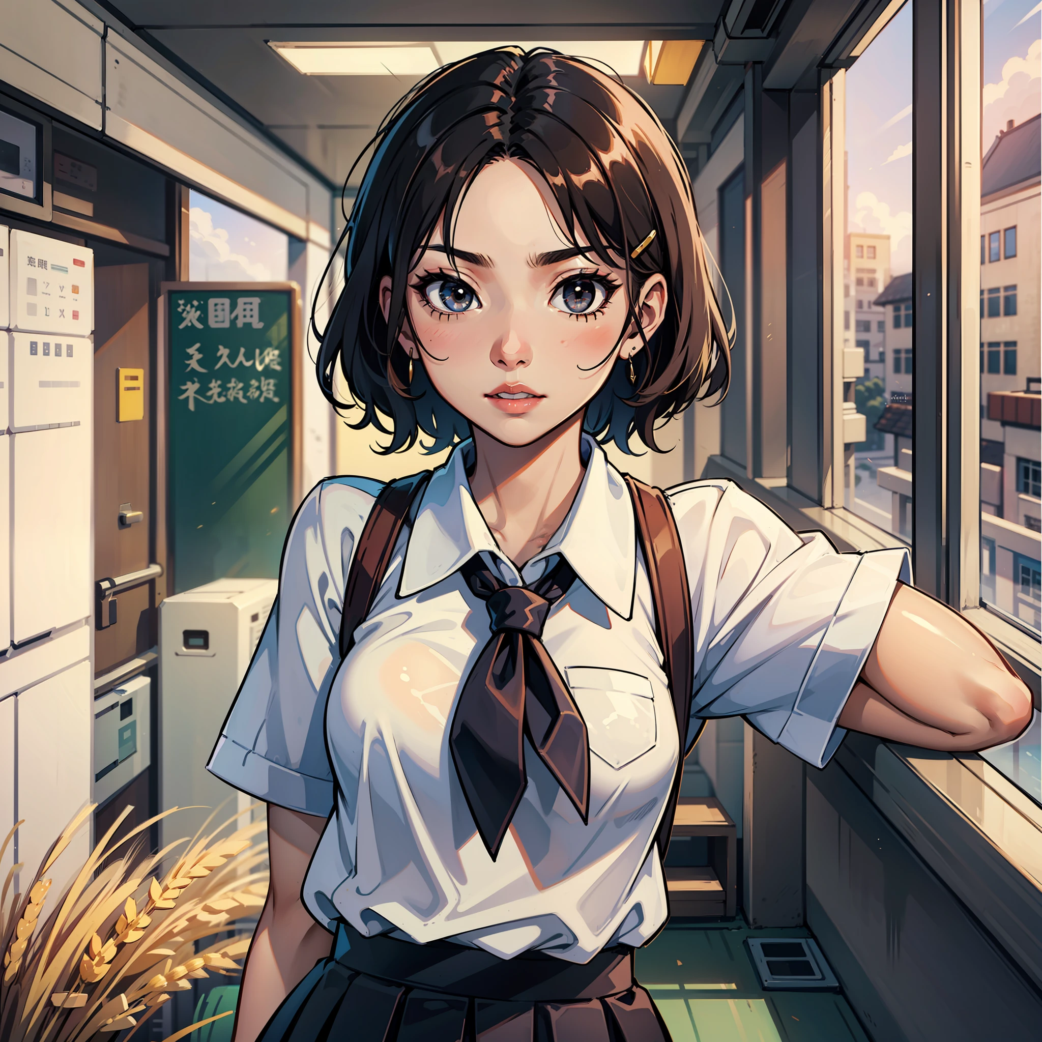 15 years old Vietnamese beautiful girl、小柄、Luxury、Jet-black eyes that shine so big and strong that they are pounding、short hair is neatly parted to the side,、Clip to forehead、in school uniform、jolly、Eyes full of curiosity、 healthy、sound、sano、jolly、fast feet、Athletic、Wheat-colored、Beautiful brown skin、School Uniforms、Agility、strength、Beautiful tanned skin --auto