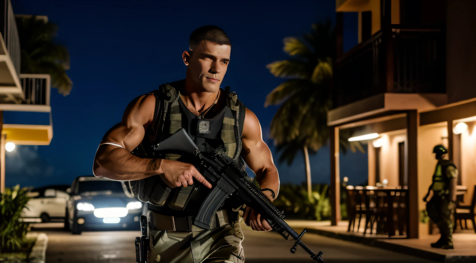 ( A mercenary on a mission in the Caribbean, Cena de filme, He's in action and his hair is straight and modern, perseguindo ) 8k, UHD, severe low lighting, alta qualidade, foco nitido, Fujifilm XT3